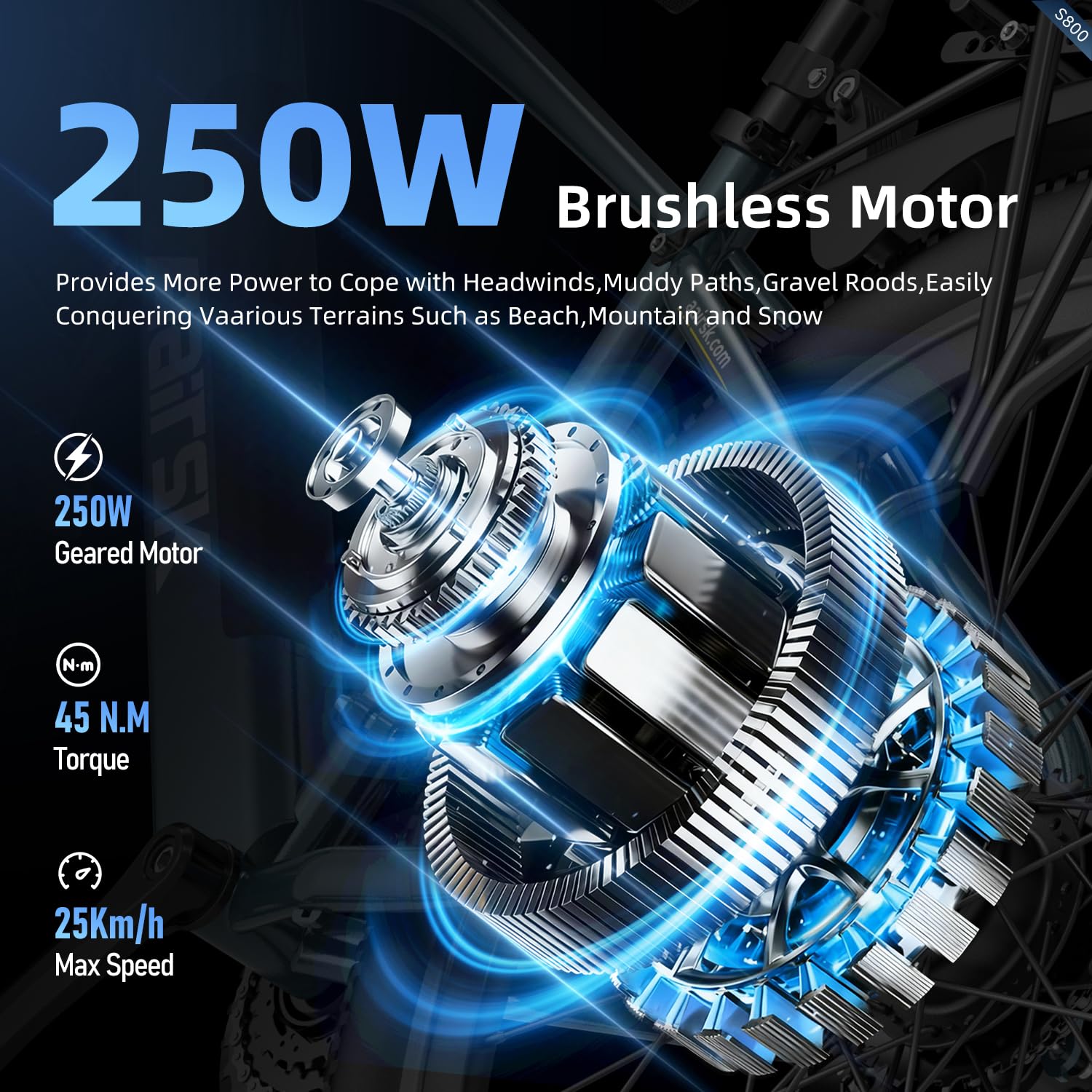 S800 Vélo électrique 26" pour homme et femme avec batterie 36 V 13 Ah, moteur de 250 W, 25 km/h, autonomie de 75 km, dérailleur à 7 vitesses