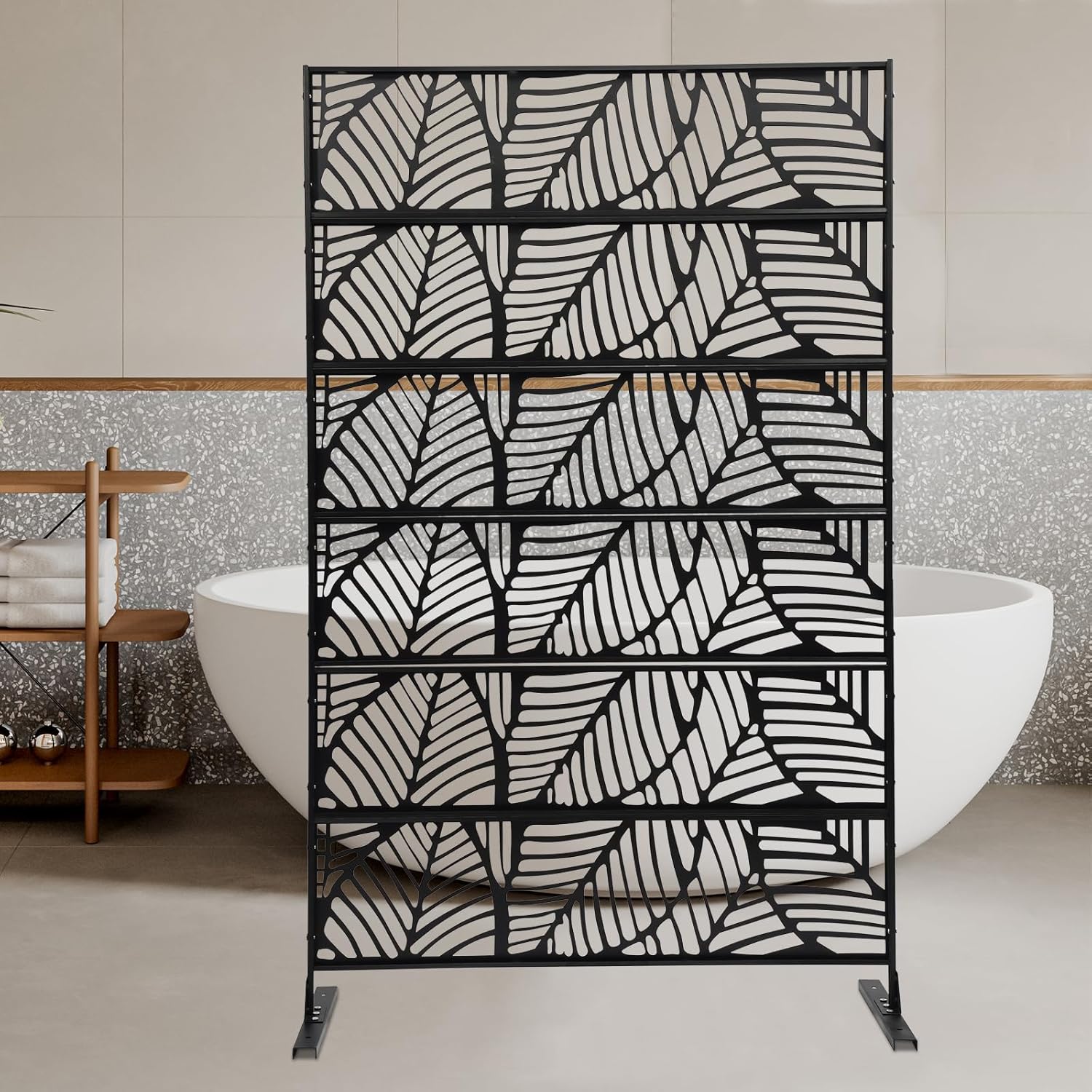 Outdoor Privacy Screens, Metal Freestanding Decor Privacy Fence Screen, Indoor Room Decorative Divider, Patio Privacy Screen Balcony Decorative Screen Set with Stand for Swimming (Leaf-Style)