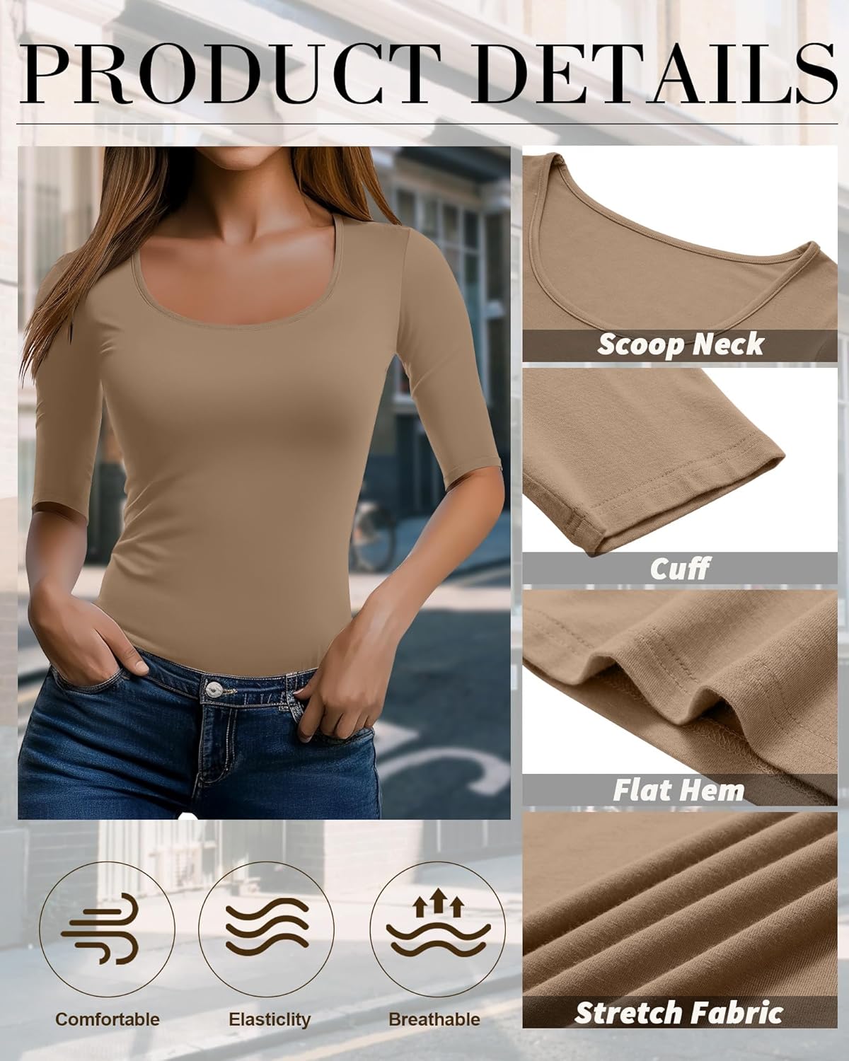 Neer 3 Pack Women's Scoop Neck Tops Half Sleeve Slim Fitted Cotton Blend Stretchy T-Shirts Tight Casual Basic Tees - Image 4