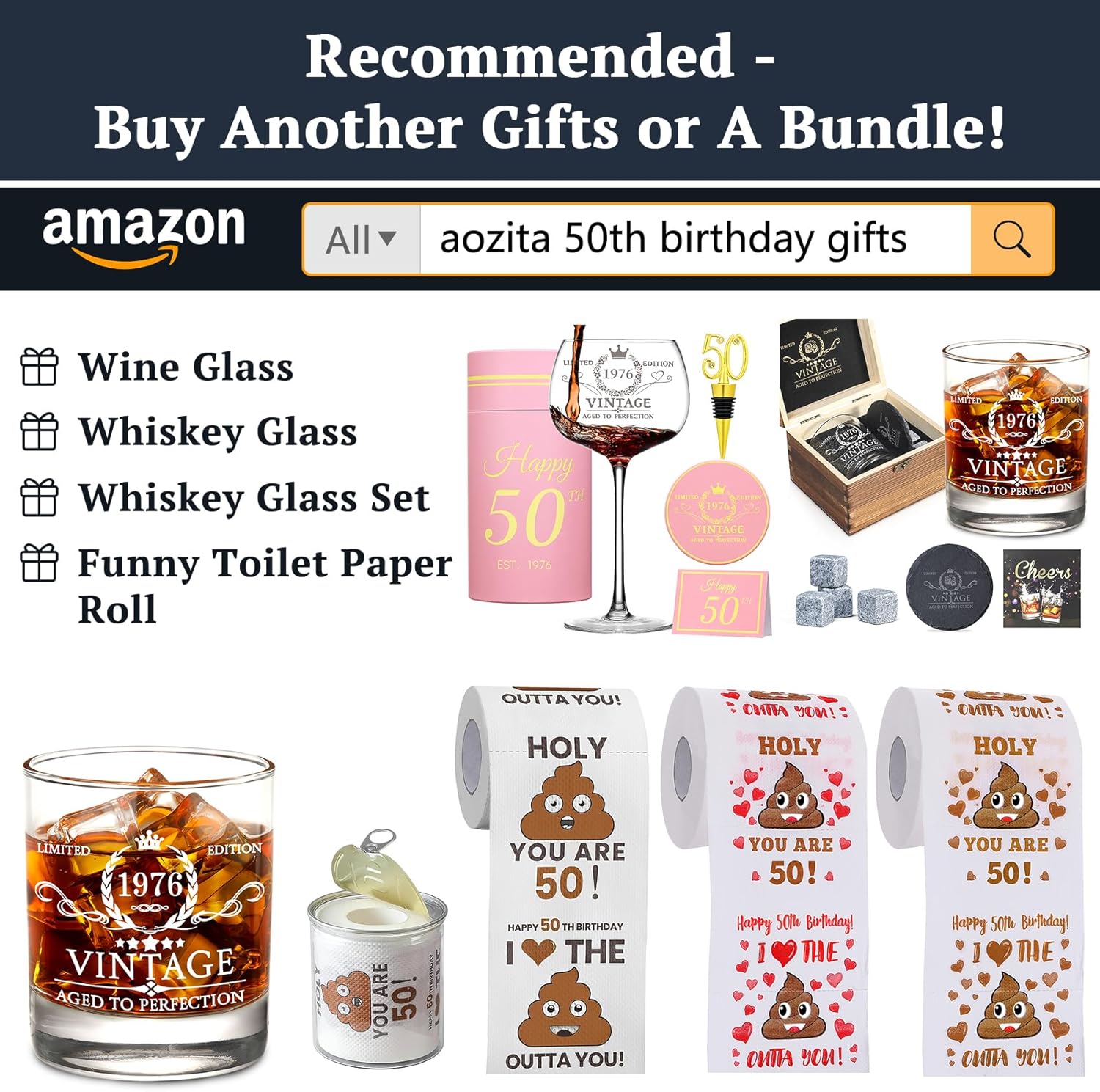 50th Birthday Gifts for Men Whiskey Glass Set - 50th Birthday Decorations, Party Supplies - 50 Year Anniversary, Bday Gifts Ideas for Him, Dad, Husband, Friends - Wood Box & Whiskey Stones & Coaster - Image 2