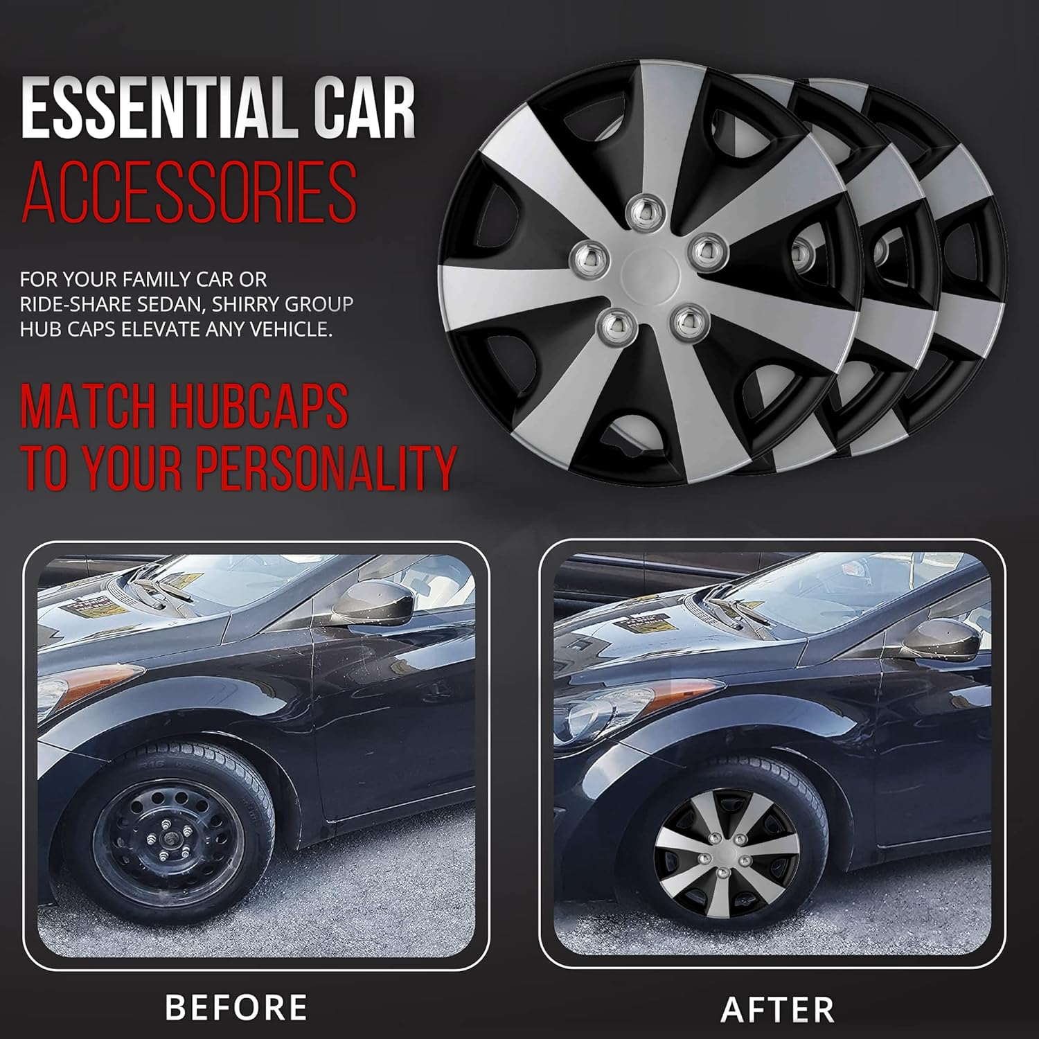 Shirry Group Hubcaps 4-Pack Kit, 14 inch Hub Caps Set of 4 Wheel Covers with Universal Snap-On Retention Rings, 2-Tone ABS Plastic Black and Silver Car Rims for All Models (SG-5051-DP-14)