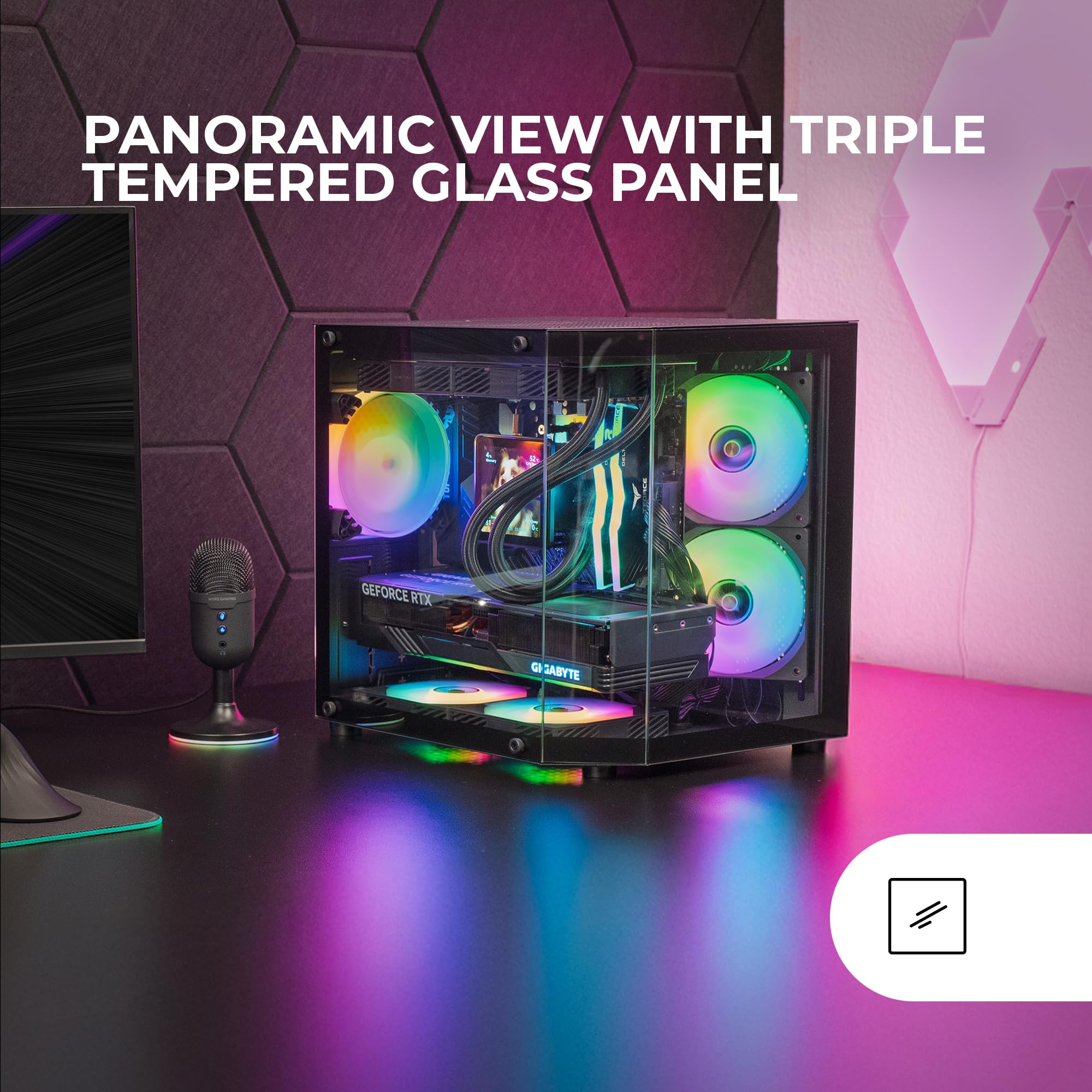 Mars Gaming MC-3TLITE, Boîtier Gaming MicroATX, Triple Verre Trempé Continu, Ventilateur Arrière FRGB 120mm, Structure à Double Chambre, Mini Tour PC Compacte avec Grande Capacité Interne, Noir