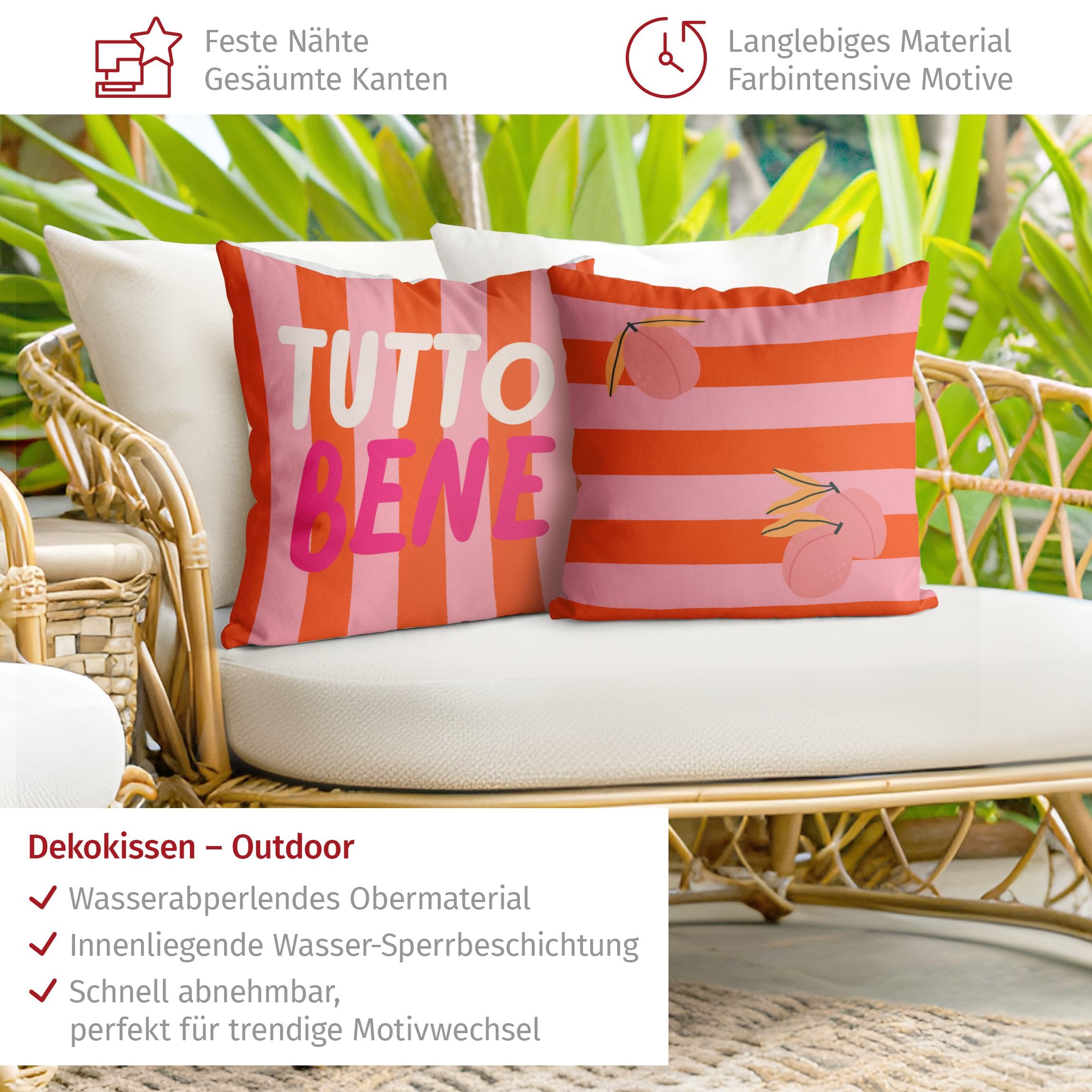 Deko Kissenhülle 2er Set draußen/Outdoor waschbar Kulinarisch ohne Füllung Zierkissen - Made in Germany - Obst Bezug rosa Sofakissen Pop Art Outdoor Sofa Bett 1231