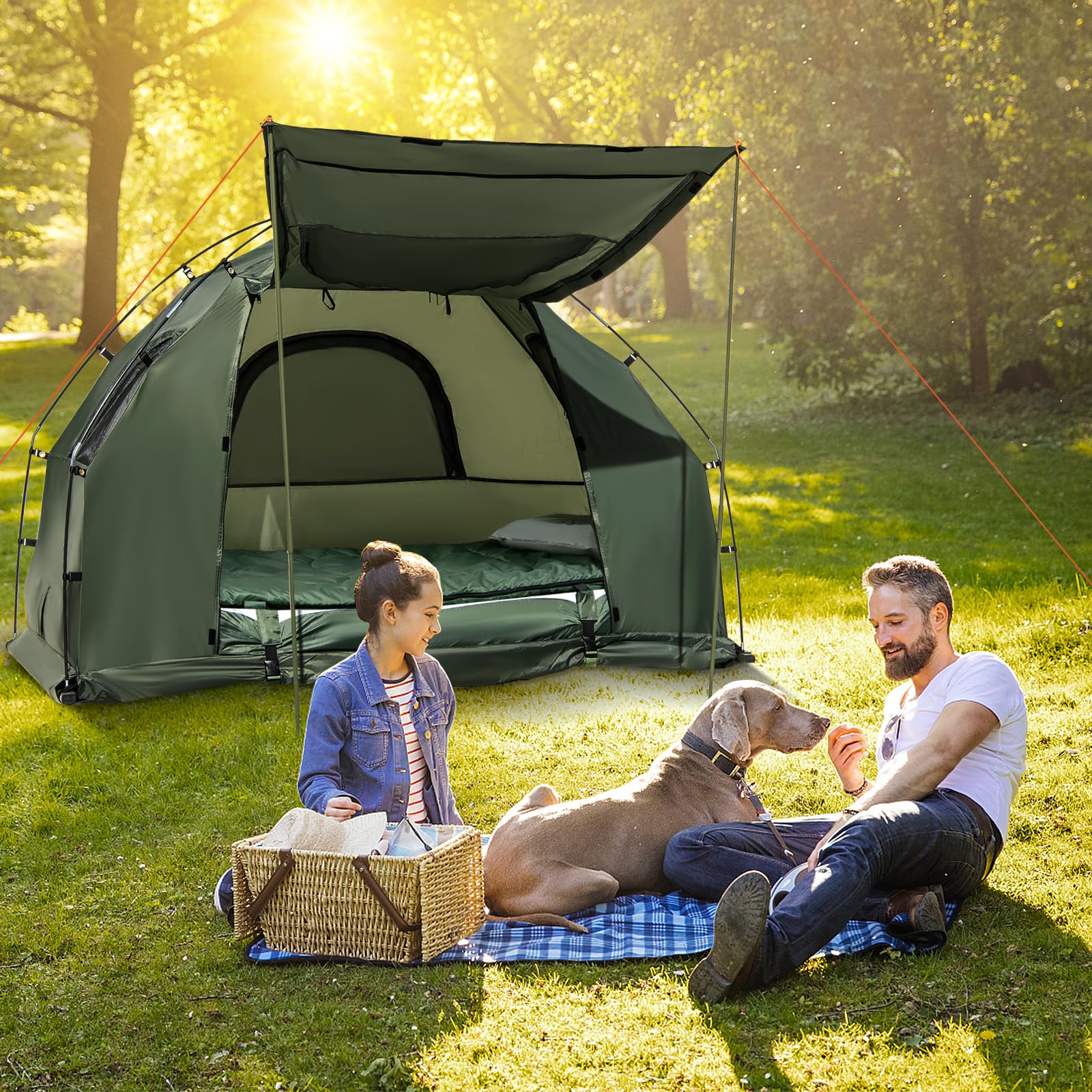 GYMAX Tienda de Campaña con Cama de Campo, Cama de Camping con Saco de Dormir, Colchón de Aire y Almohada, Tienda de Campaña con Protección Solar y Bolsa de Transporte
