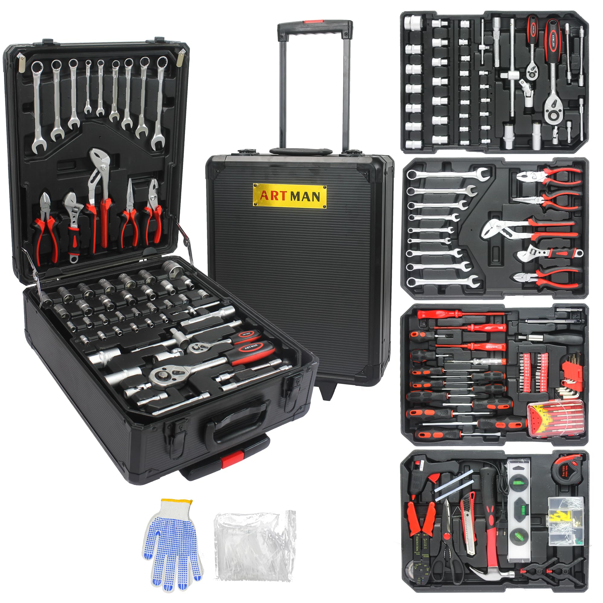 Campfun Aluminum Trolley Case - 899PCS Mechanic Tool Kit, Complete Household Hand Tool Set, Rolling Tool Box