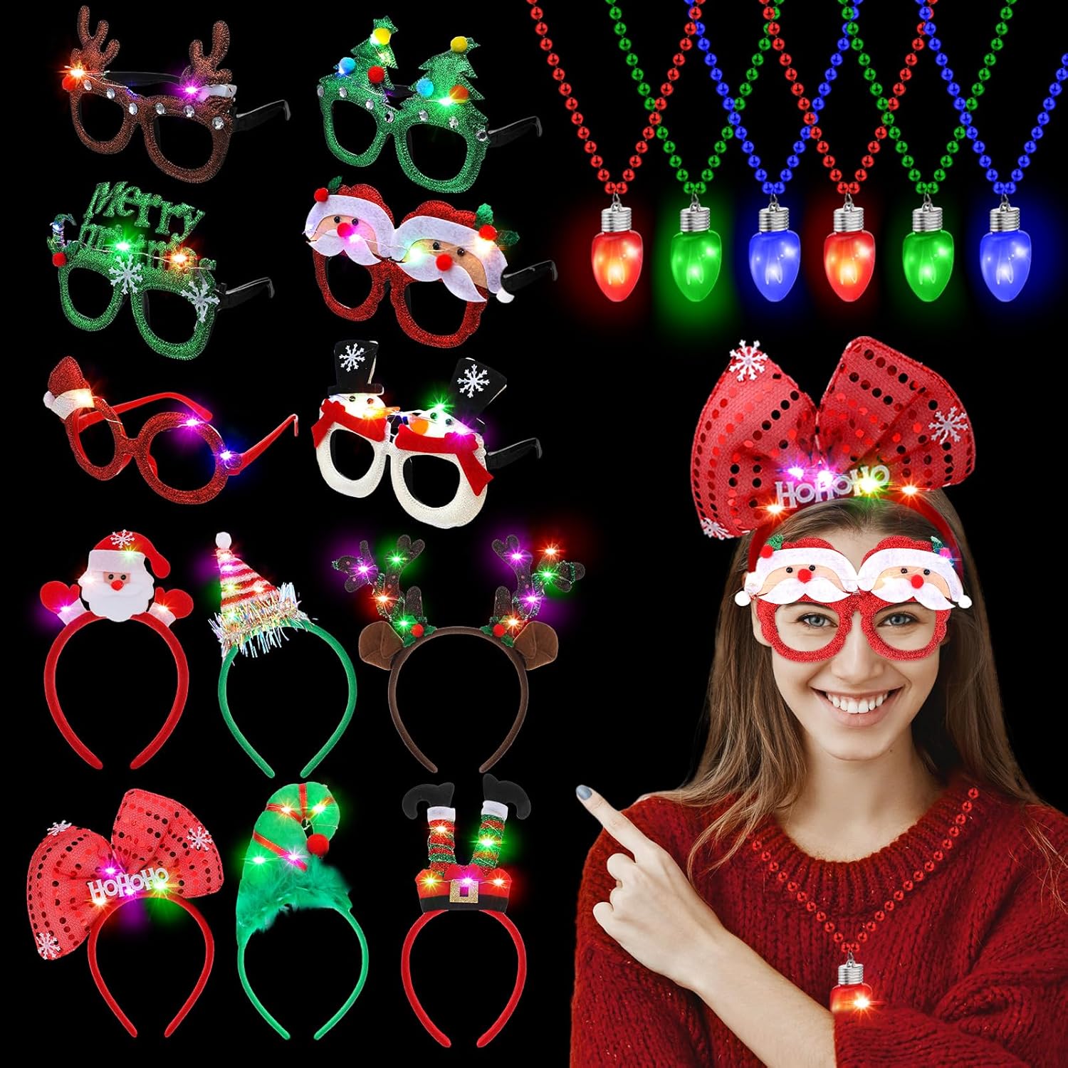 Hiboom 18 Pcs Christmas Light up Party Favors Includes LED Flashing Christmas Lighted Headbands Necklaces Glasses Holiday Glowing Accessories Light Jewelry for Kids Women Xmas New Year Party