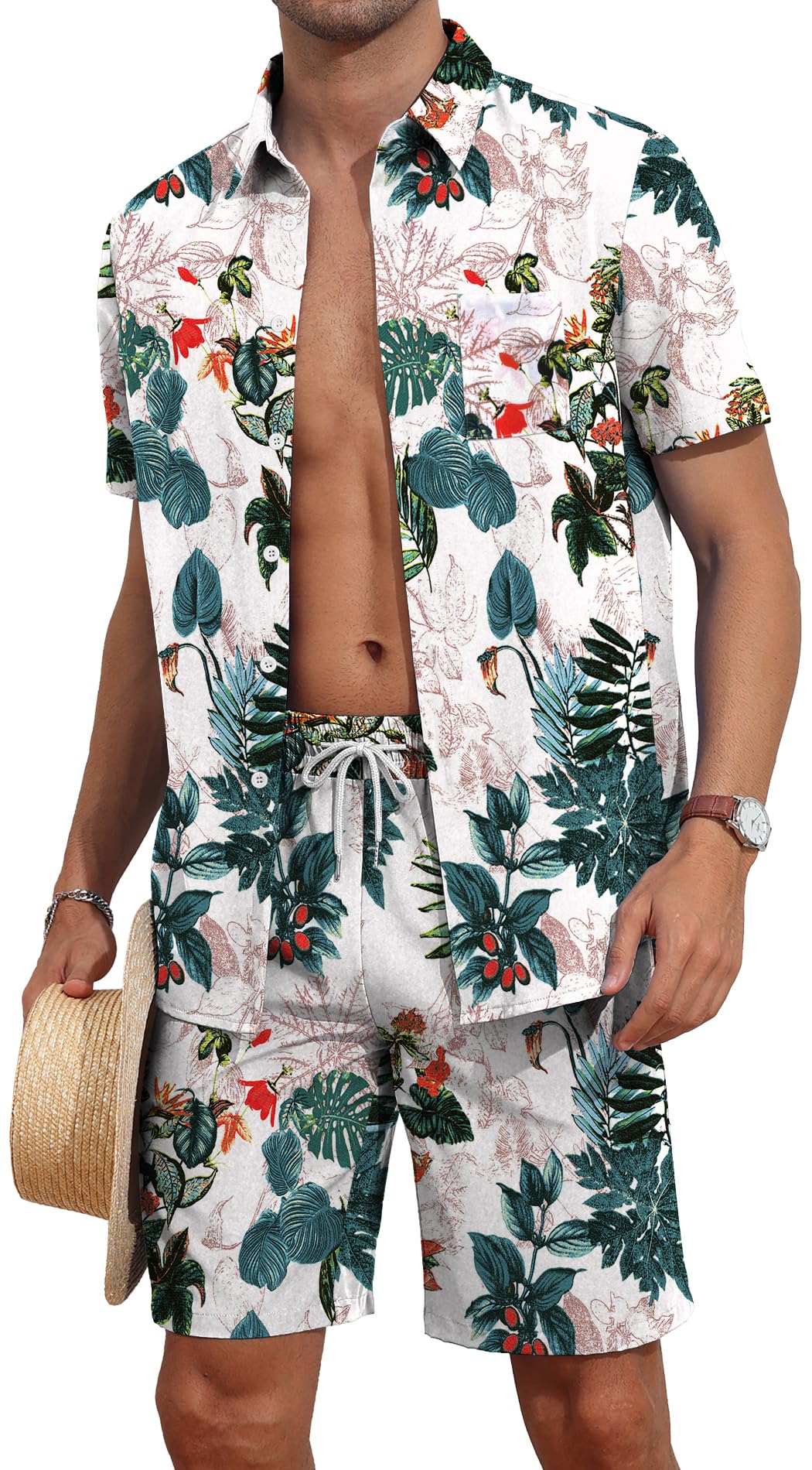 YTD Mens Flower Hawaiian 2 Piece Outfit Sets Short Sleeve Beach Casual Button Down Shirt and Shorts Suits