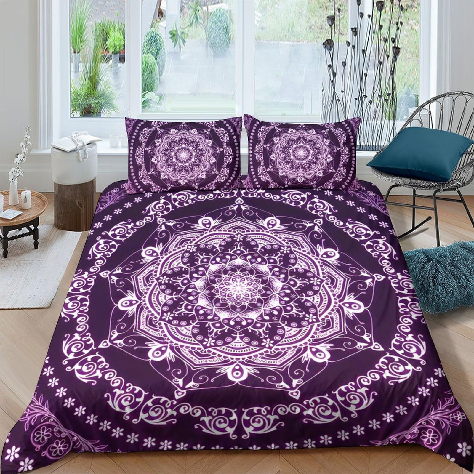 Ctjqhvkz Style-7 3D Printed Purple Mandala Fitted Sheet Microfiber Soft Slip-Resistant Boho Floral Bed Cover For Bedroom Guestroom Decor Single（135X200cm）