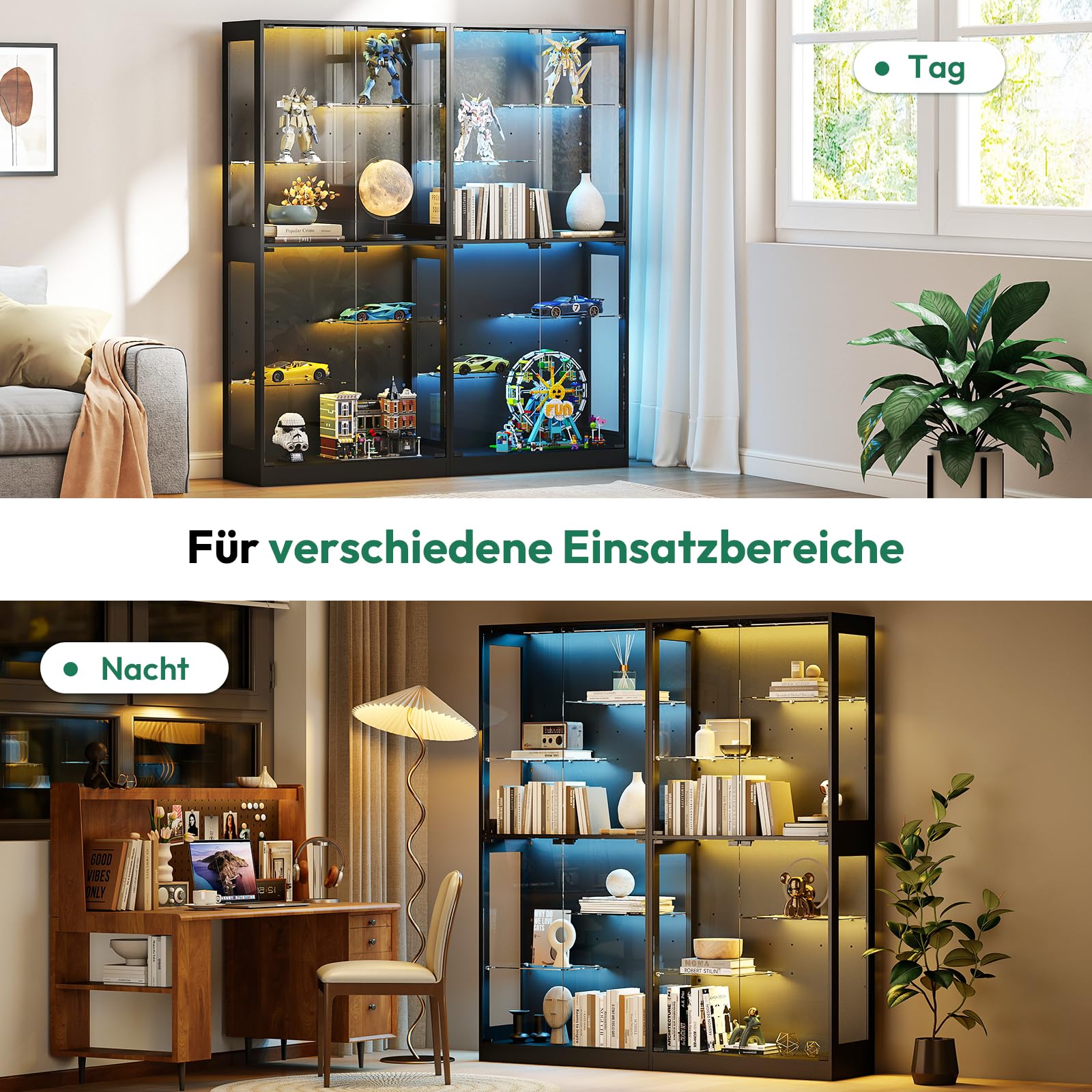 Lamtor Glasvitrinen Stehend mit LED Beleuchtung – 175 cm Glas Vitrinenschrank Wohnzimmer, Vitrine mit Verstellbares Regal, APP & Remote Control 6000+RGB (Schwarz)