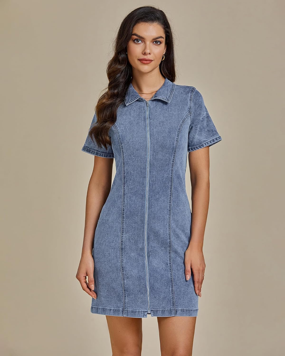 luvamia Denim Dresses for Women Summer Casual Zip Up Short Sleeve Western Short Stretchy Jean Dress with Pockets - Image 5
