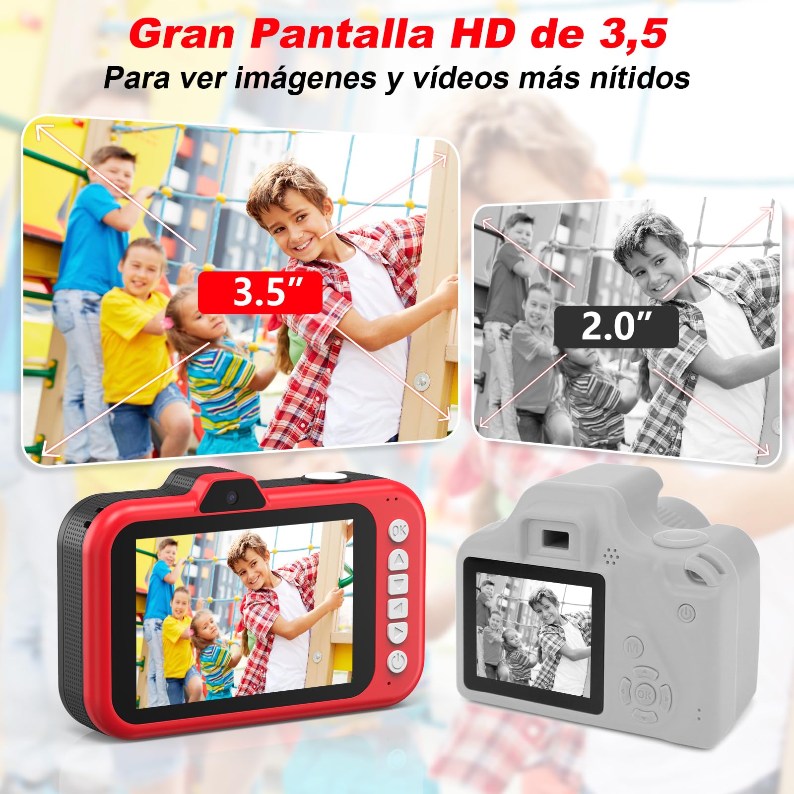 Camara Fotos Infantil, Pantalla Grande 3,5", Zoom Giratorio 360°, Camara Digital Video Niños 1080P HD con Selfie, Flash LED, Tarjeta SD 32G, Regalo para niñas y niños 3 4 5 6 7 8 9 10 11 12 años(Rojo)