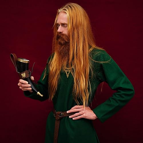 Miniatura 3 de Mythrojan The Bird of Prey - Cuerno vikingo con soporte de cuero marrón, auténtica taza de vino vikingohidromiel inspirada en la Edad Media, acabado