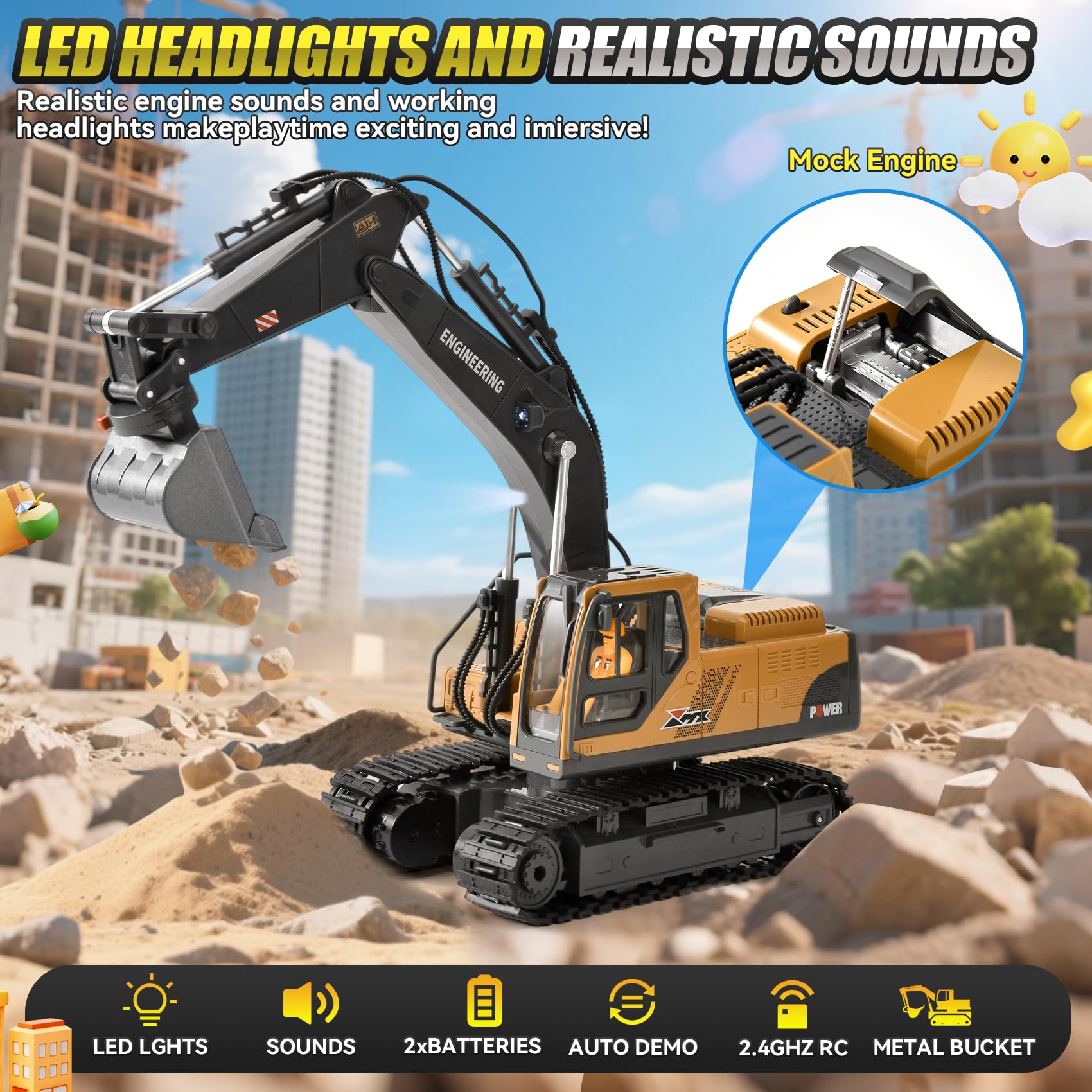 Excavadora RC 3 en 1 Radiocontrol con Cuchara Metálica Garra y Taladro 2.4GHz 14 Canales Rotación 680° Luces LED y 2 Baterías Juguete de Construcción Regalo para Niños 3-12 Años