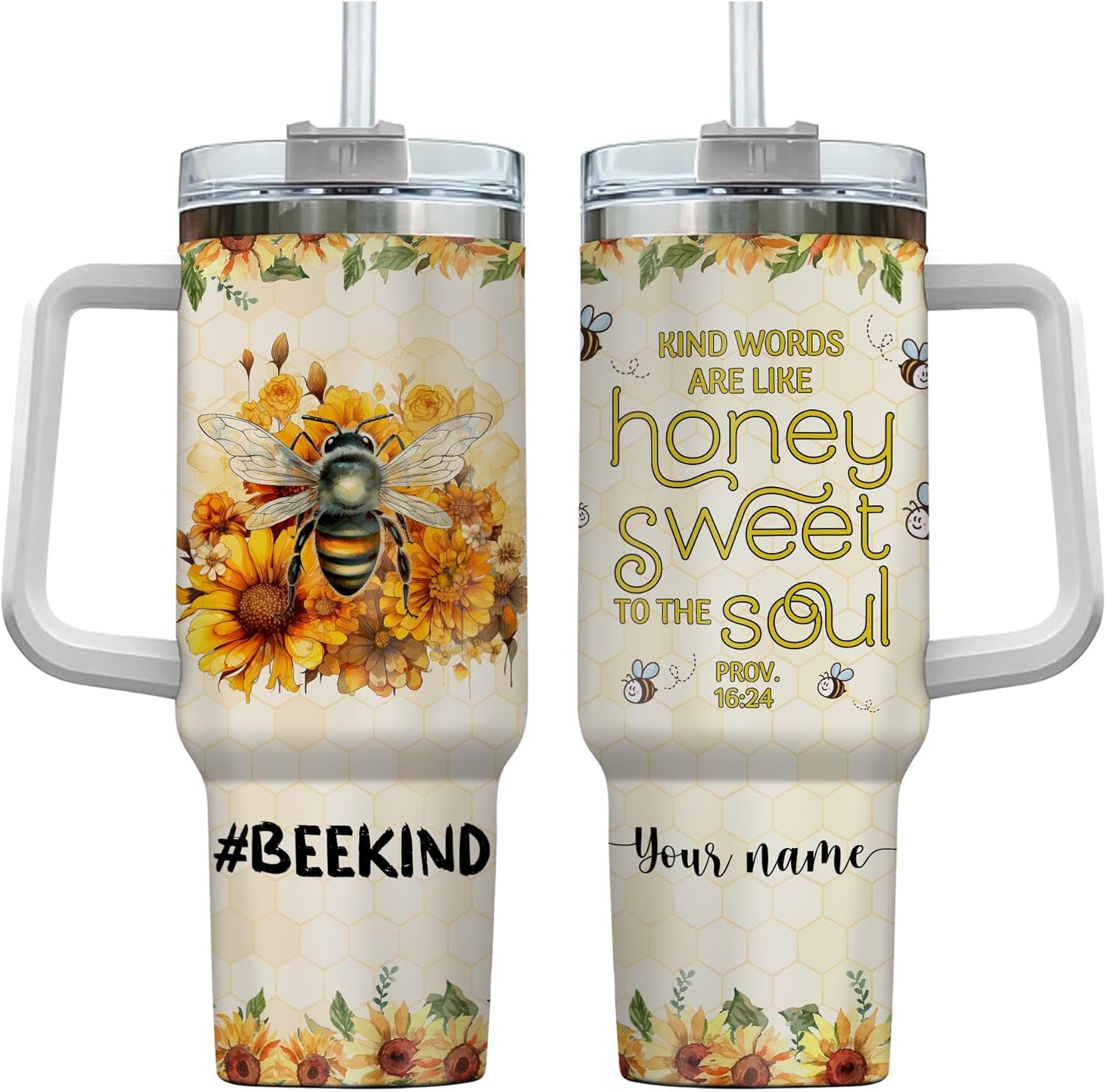 Personalized Bee Kind Sunflower 40oz Tumbler with Handle and Straw, Bee Tumbler for Women, Vacuum Insulated Cute Bee Tumbler, Gifts for Bee Lover, Travel Coffee Tumbler (01), Large