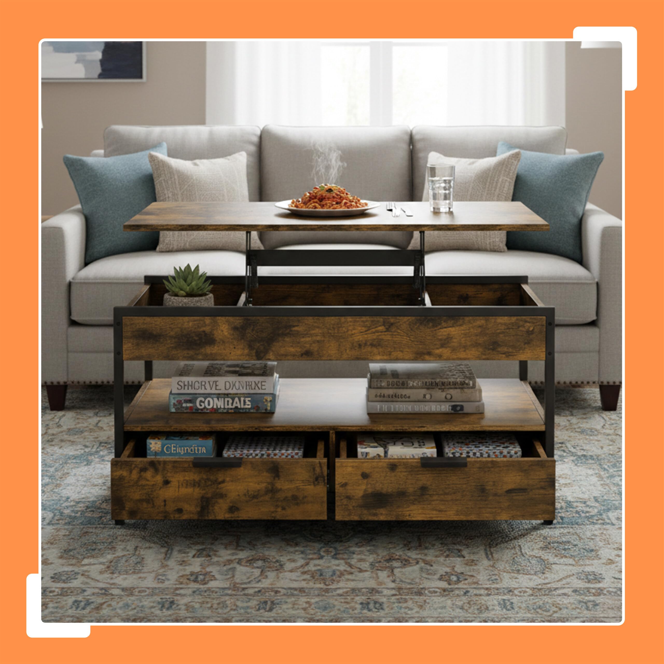 Relaxdays Tavolino, alzabile, 2 cassetti, 4 vani, HLP 48–63 x 100 x 50 cm, Industriale