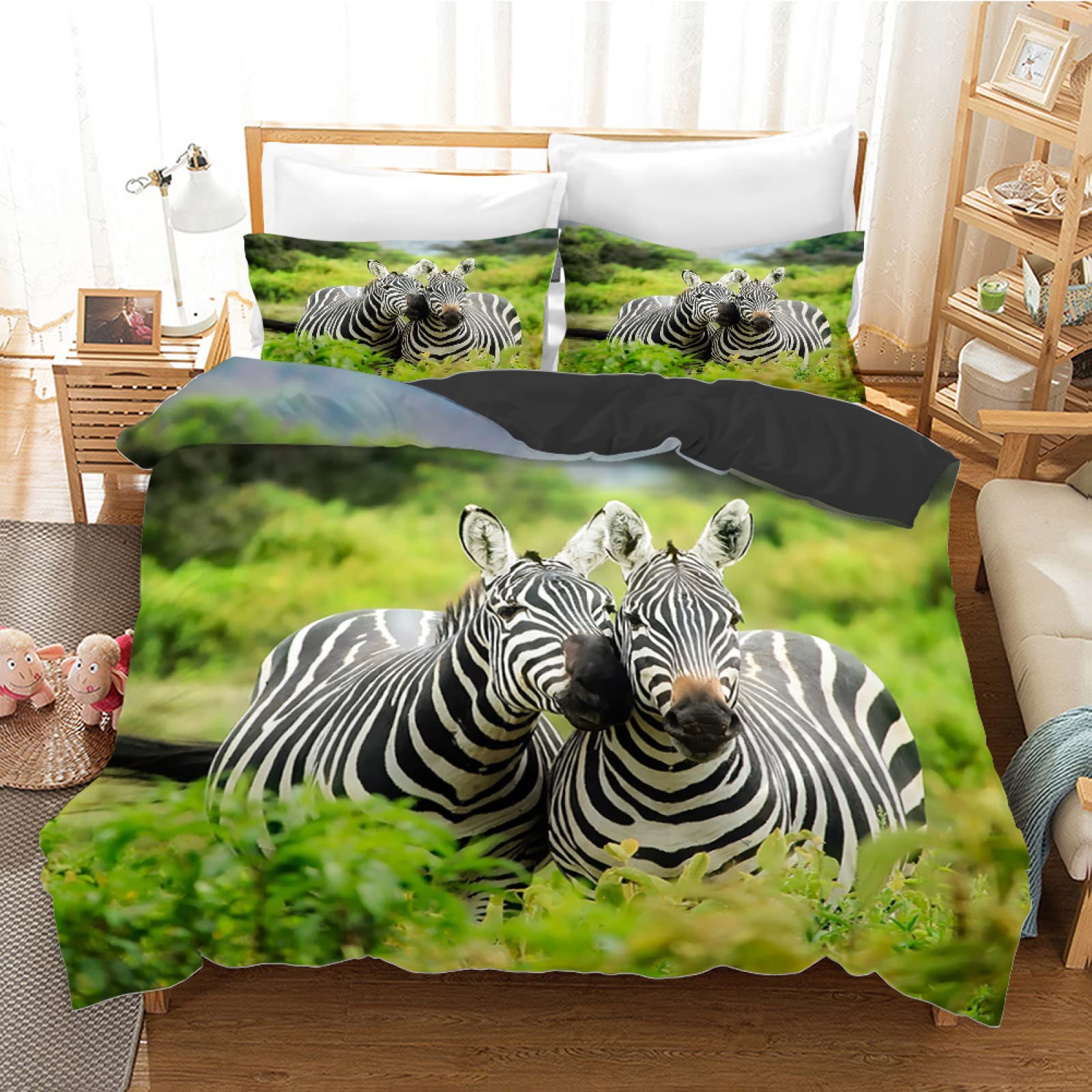 Housse de Couette 140x200 Zèbre Vert en Microfibre 110g/㎡ avec 2 Taies d'Oreiller