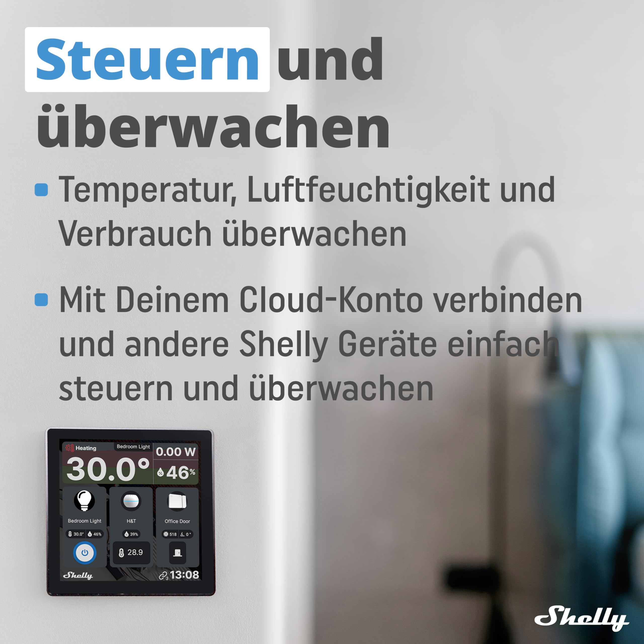 Shelly Wall Display Schwarz | Wlan & Bluetooth Bedienfeld mit integriertem 5-A-Schalter und Farbdisplay | Hausautomation | Leistungsüberwachung | iOS Android App | Feuchtigkeits LUX-Sensoren