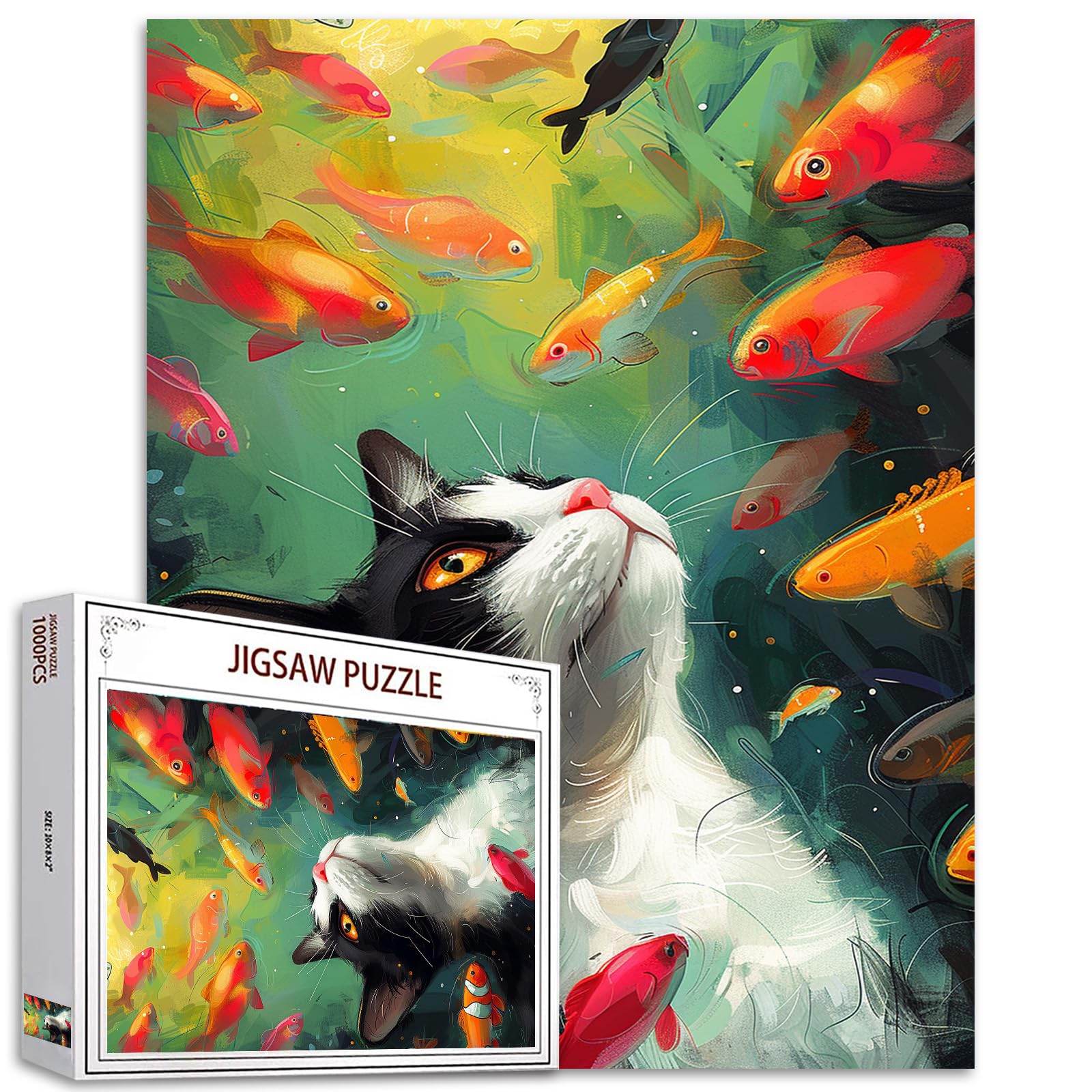 Tucocoo Black and White Cat Jigsaw Puzzles for Adults 1000 Pieces, Colorful Fish Painting Art Puzzle Animal DIY Craft Puzzles for Home Decoration Gifts, Family Puzzle Perfect for Game Nights
