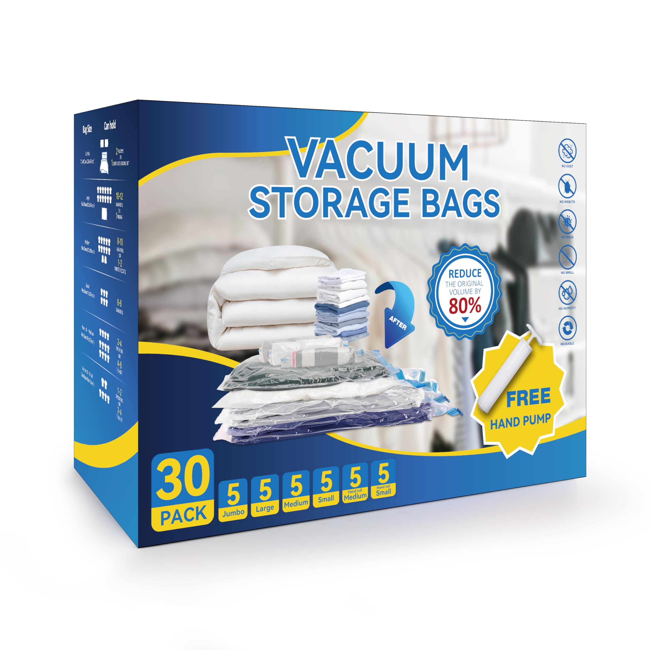 30 Stück Vakuum-Aufbewahrungsbeutel, Kompressions-Aufbewahrungsbeutel, platzsparende Beutel für Bettdecken, Decken, Kissen und Kleidung, Handpumpe enthalten (5 Jumbo/5 L/5 M/5 S/5 Rolle M/5 Rolle S)