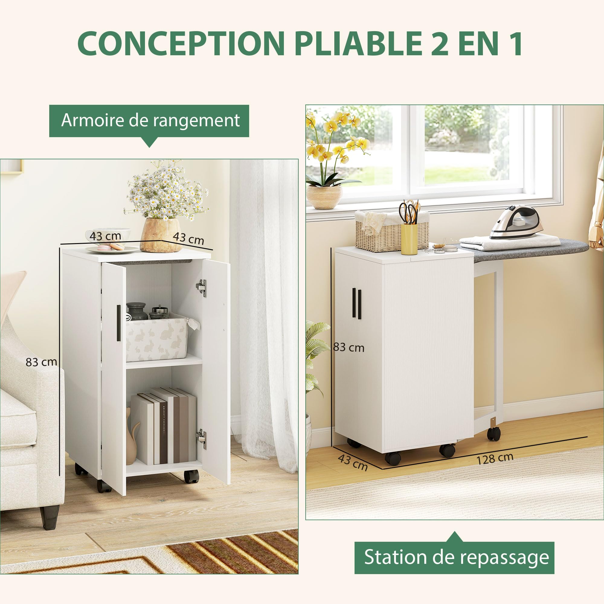 HOMCOM Meuble à Repasser 2 en 1, Table à Repasser Pliante sur roulettes avec étagère réglable et charnières à Fermeture Douce, Meuble Rangement pour Petits espaces, buanderie, 128 x 43 x 83 cm, Blanc