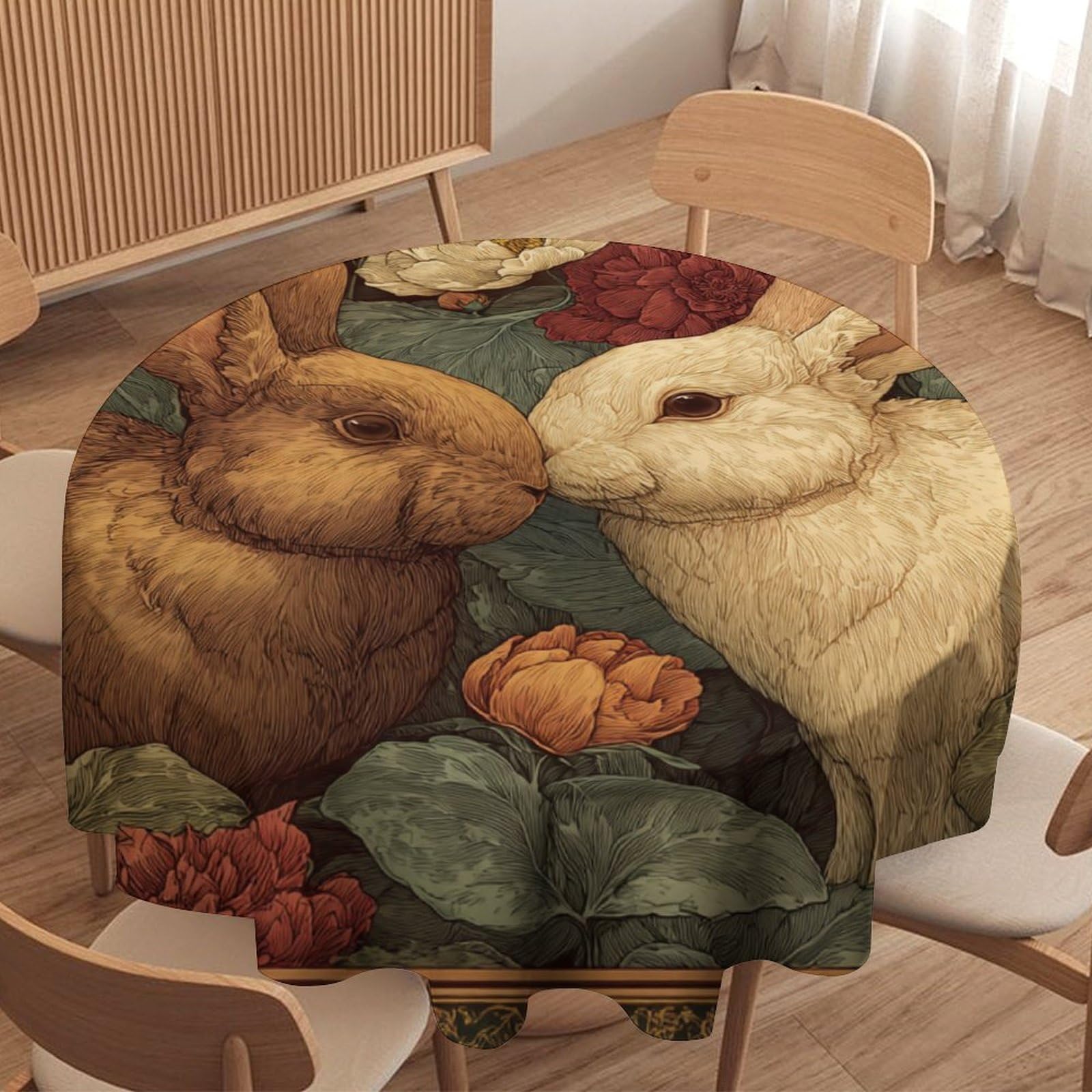LUYYSKY Retro Oil Painting Boho Rabbit Waterproof Round Tablecloth Rustic Watercolor William Morris Plants Flowers Animals Bunnies Print Washable Table Cover for Kitchen-127 Wx127 L cm