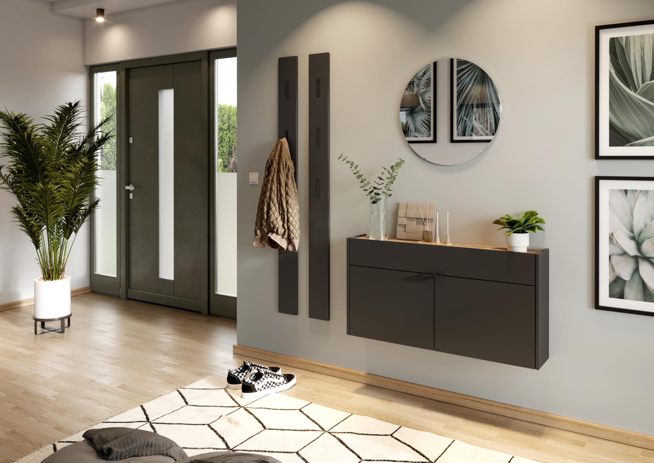 Germania Armadio pensile multiuso con finitura grigio grafite/rovere 1398-549 GW-Ameca, profondità ridotta, ideale per corridoi stretti, 110 x 57 x 22 cm (L x A x P)