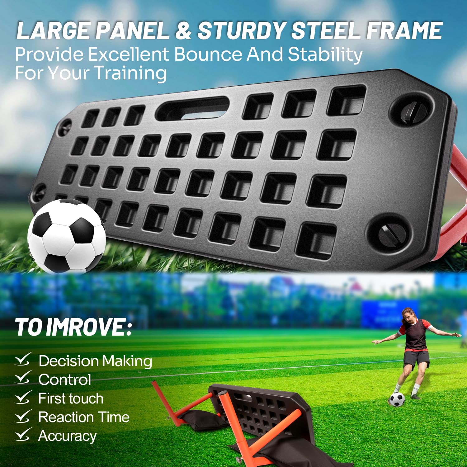 JASCOPRO Fußball Rebound Board, tragbarer Dual-Oberflächen Trainer mit verstellbarem Winkel (60°-120°), 6 Rückprallmodi für Ballkontrolle & Passtraining, Sport Fußballtore inkl. 2 Sandsäcken