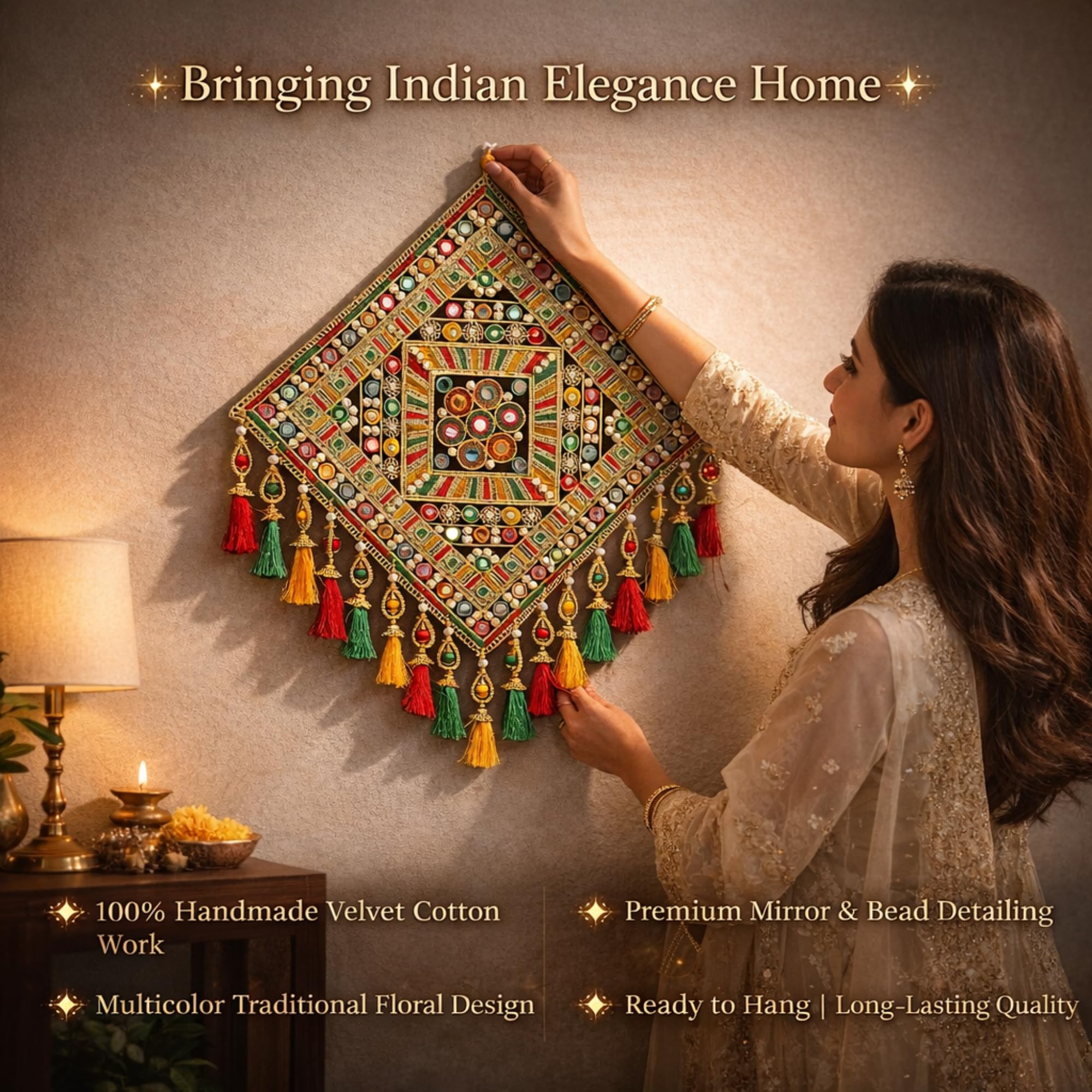 DK trades Gujrati Woollen Threads Art Hanging for Living Traditional Rangoli Design Room Decoration Item for Home, Modern Decor Items, Wall Hanging for Office and Bedroom 1