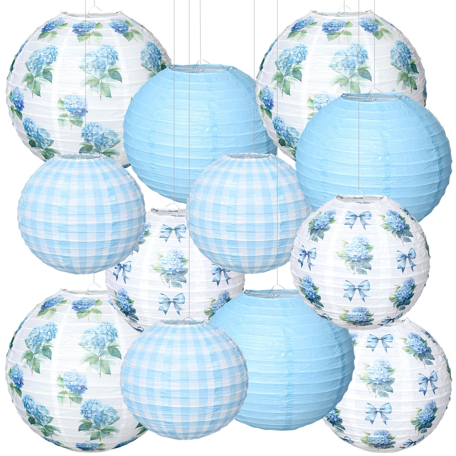 Photo 1 of 12 Pcs Spring Paper Lanterns Blue Hydrangea Lantern 8" 10" 12" Blue White Plaid Round Paper Lamp Chinese Floral Hanging Decor for Spring Birthday Wedding Baby Shower Flower Tea Party Decorations