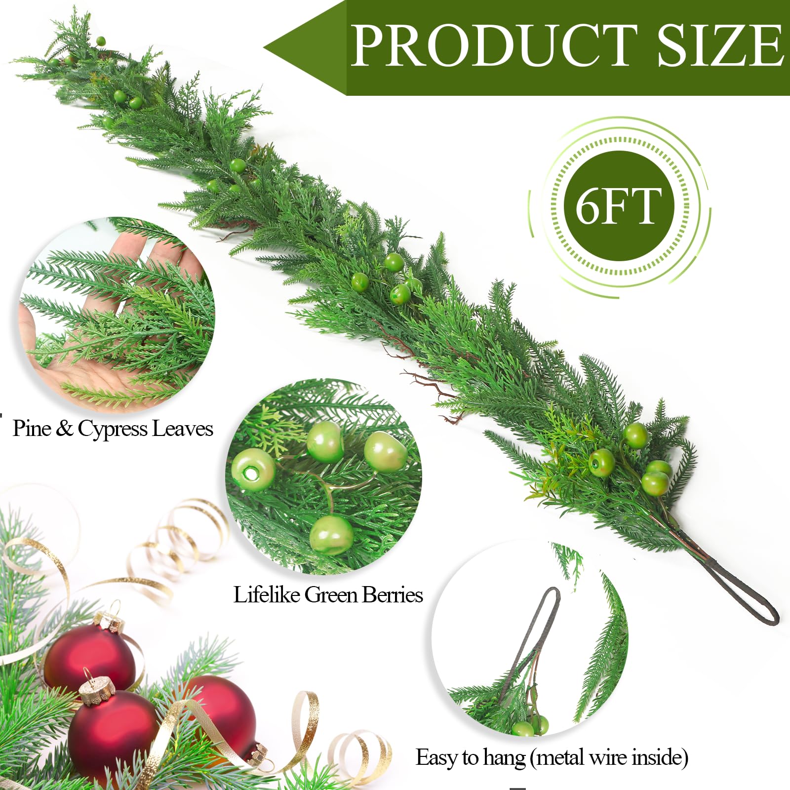 Norfolk Guirnalda de ciprés de Pino Artificial Suave con Bayas Verdes de 1,8 m, Guirnalda Verde al Tacto Real para Mesa, Chimenea, balaustrada de Escalera, Decoraciones navideñas
