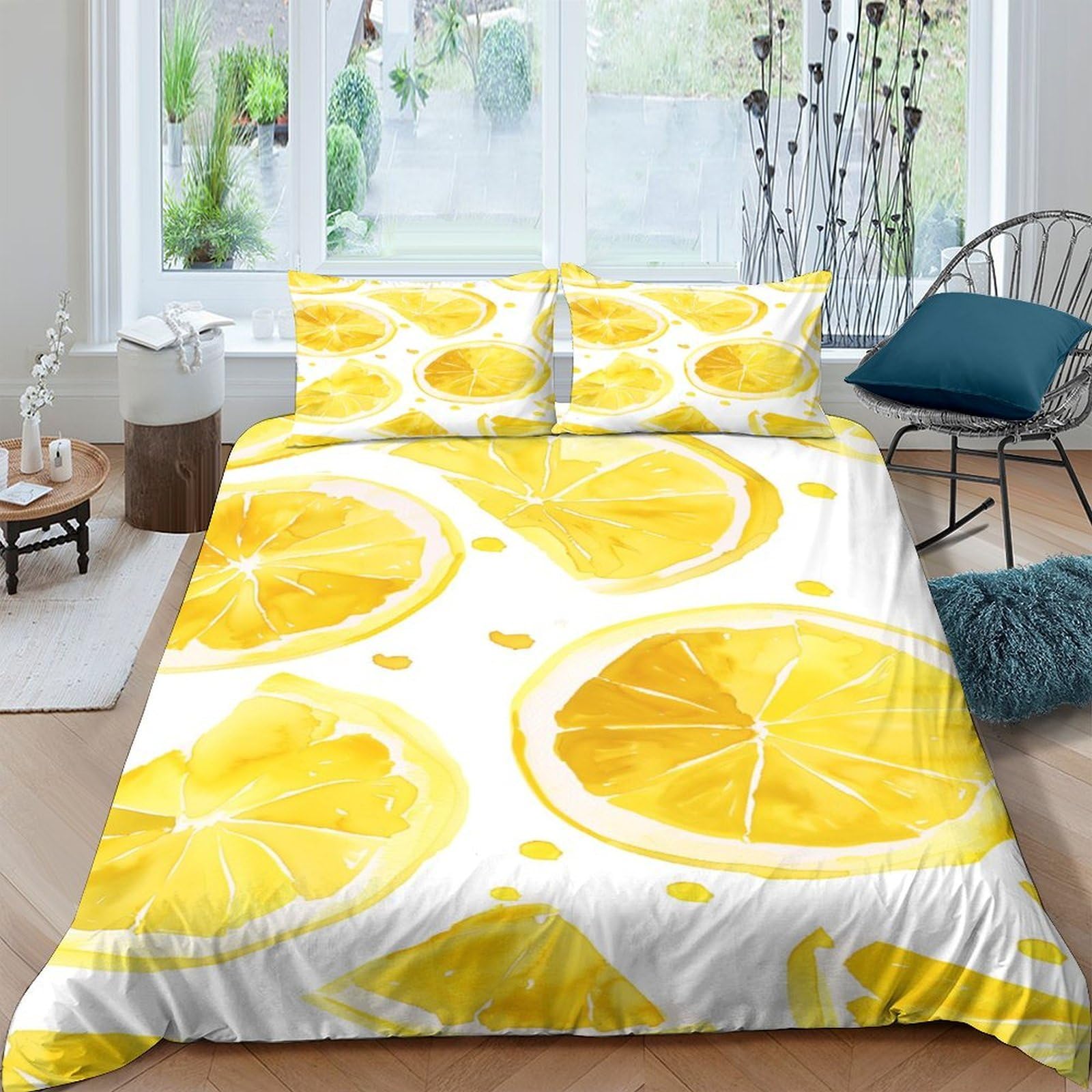 TUFRTGYHN 3D Printed Lemon Slice Duvet Cover Microfiber Soft Breathable Yellow Citrus Bedding Set with 2 Pillowcases for Bedroom Home Decor Single（135x200cm）
