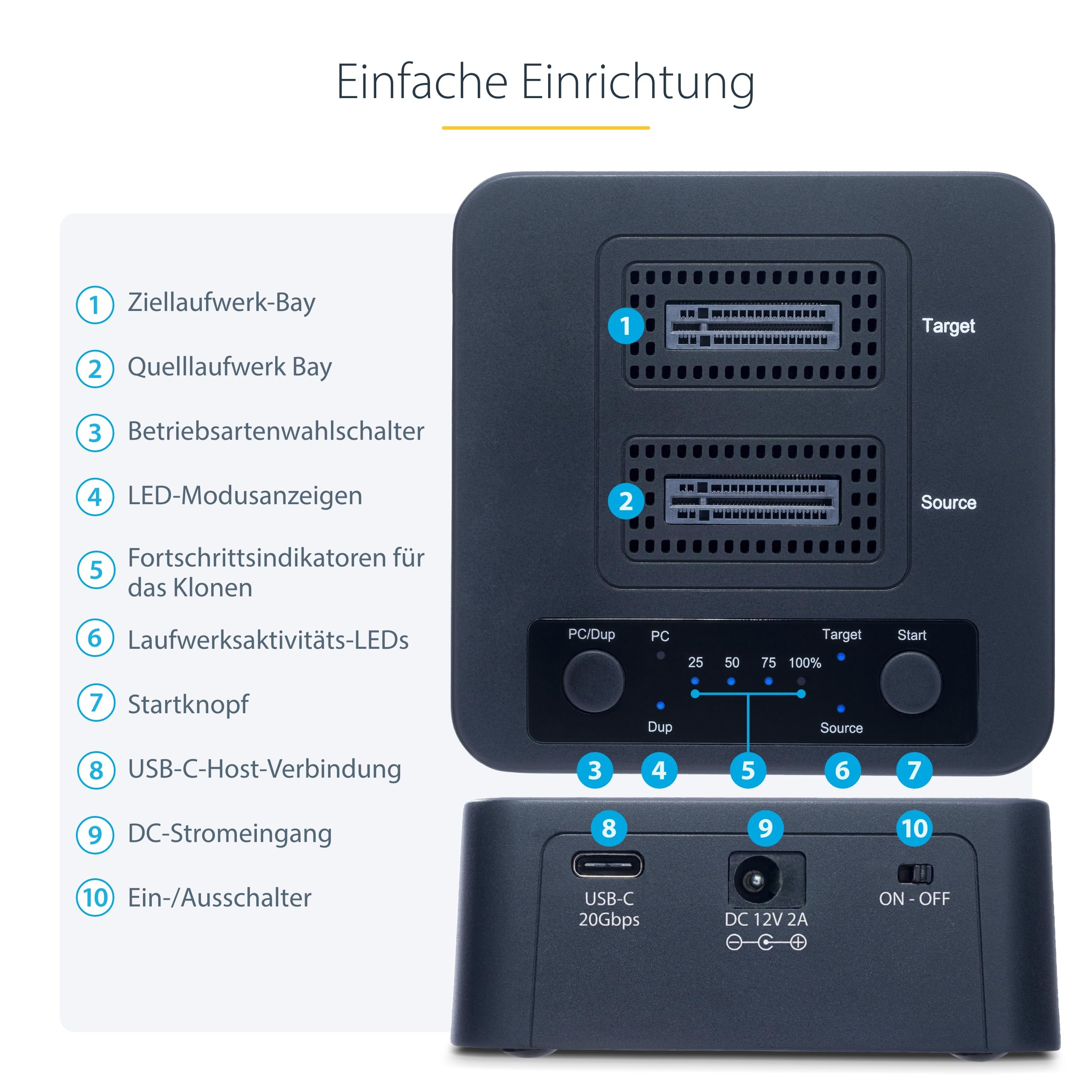 StarTech.com 1:1 M.2 NVMe Kopierstation, 90GB/m Unabhängiger PCIe SSD Duplicator/Clone Station, USB-C 20Gbps Dual-Bay Dock