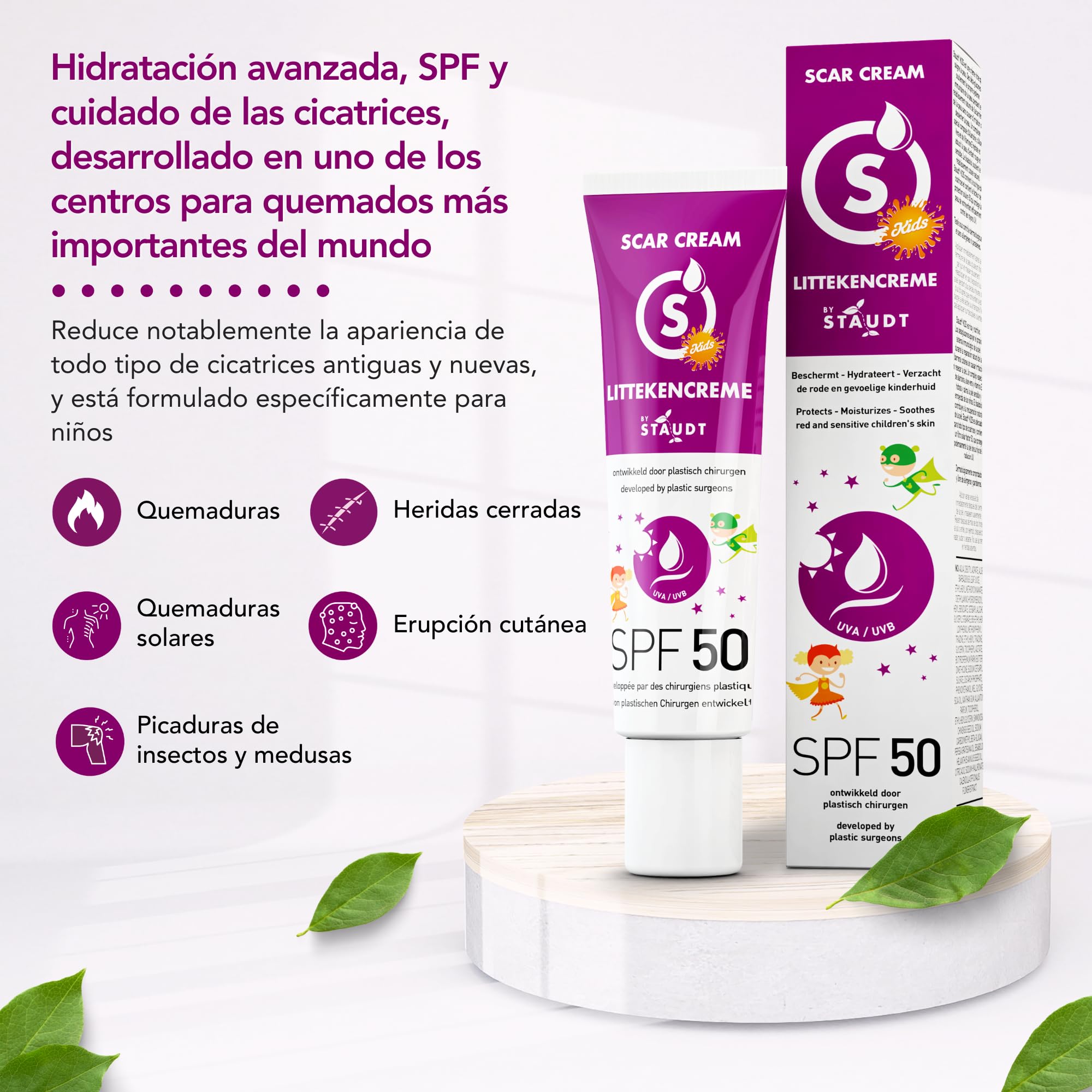 Crema Cicatrices Staudt Premium para Niños con Protección SPF50 - Gel de Silicona Pediátrico para Piel Sensible - Fórmula Hidratante con Alantoína y Aloe - Protección UV Confiable - 40ml