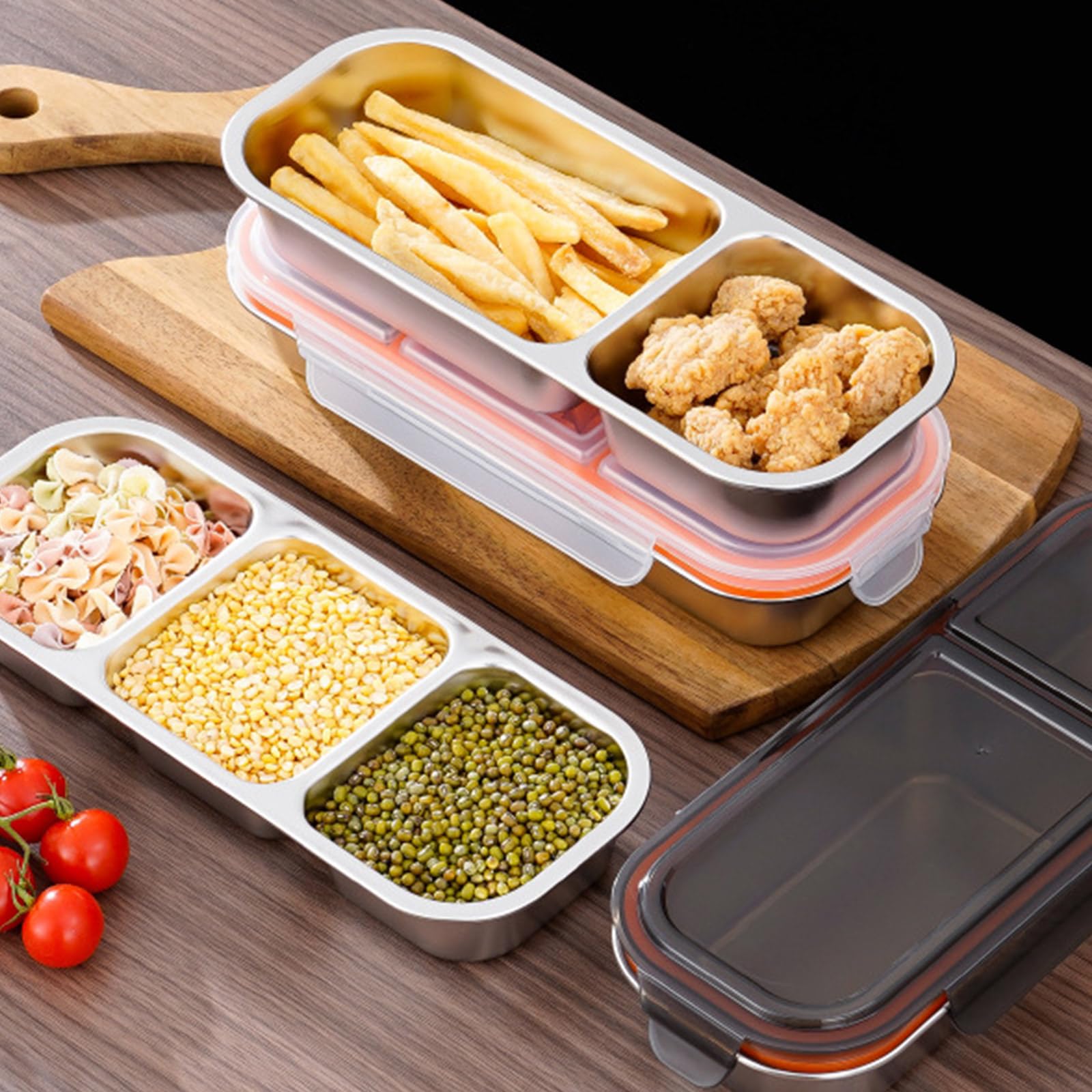 Boîte À Déjeuner Multi-Compartiments en Acier Inoxydable 2 Pièces avec Couvercle Étanche Plateau De Collations Passe Micro-Ondes Récipient Alimentaire Divisé Stainless Steel Meal Preps Box