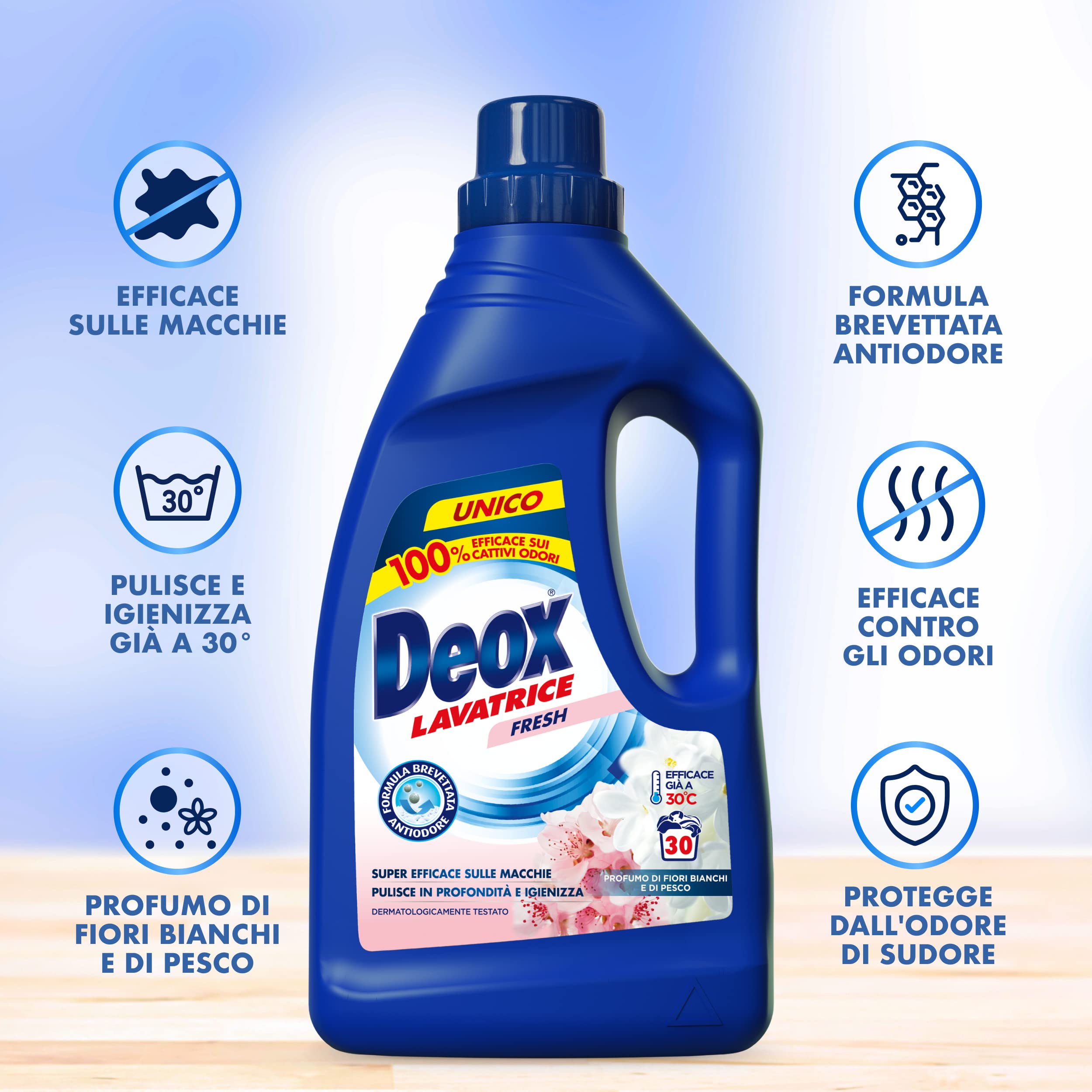 Deox - Detersivo Lavatrice Liquido Fresh, 144 Lavaggi, Smacchia e Igienizza, con Formula Antiodore, 1200ml x 6 Confezioni