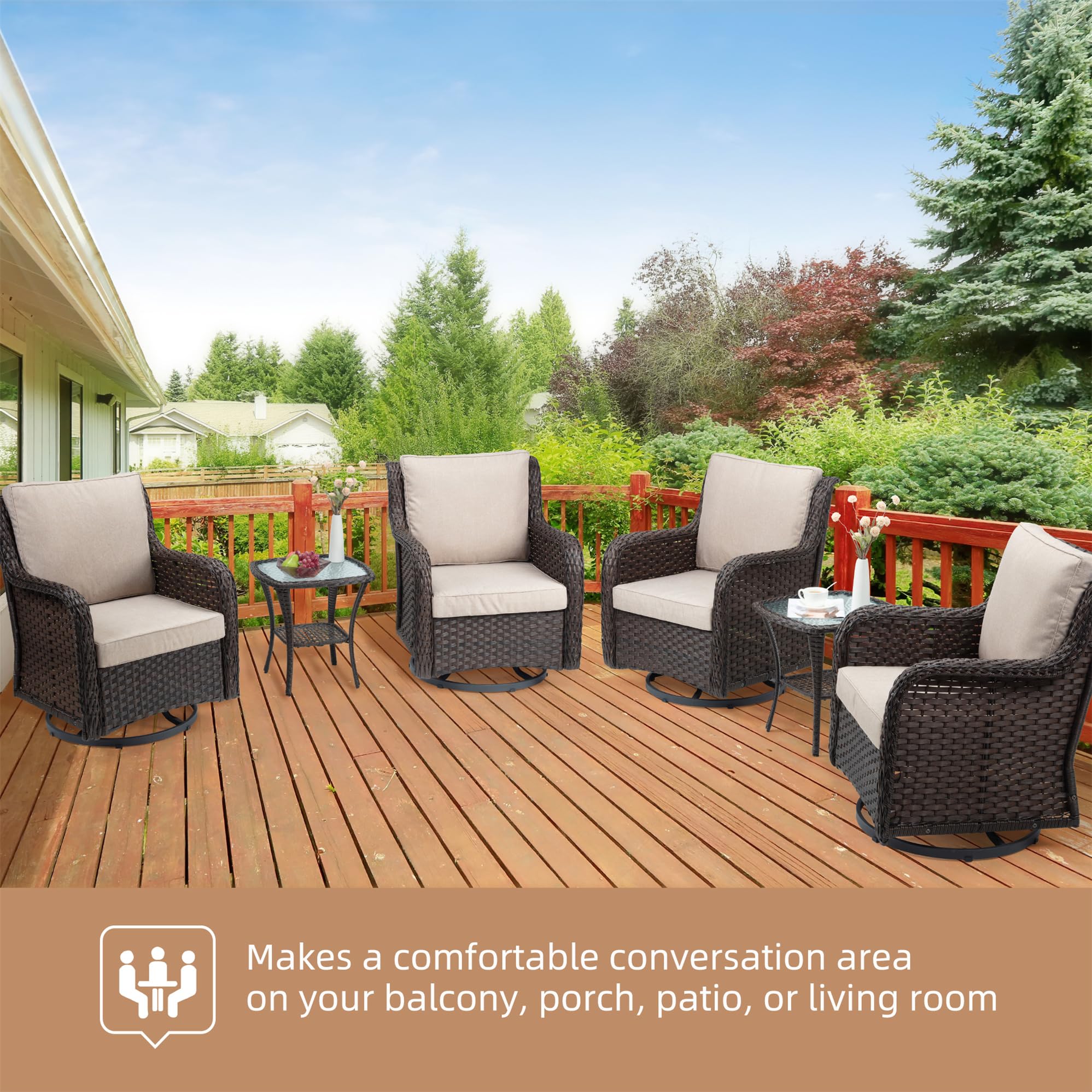 GAOMON Rattan-Schaukelstuhl Set 3-teilig – Mit Drehfunktion, Kissen Und Beistelltisch Für Terrasse & Balkon