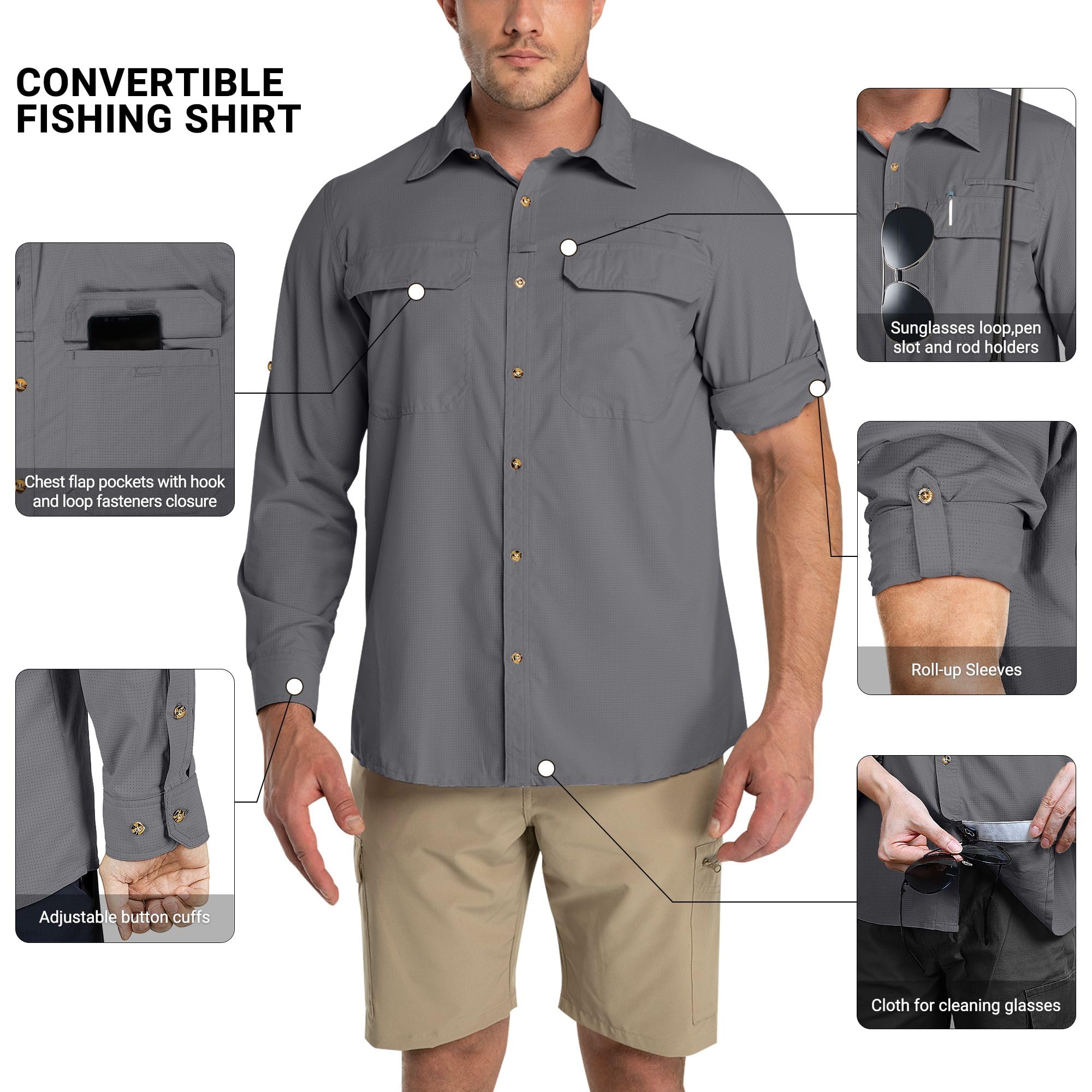 Outdoor Ventures Camisa de manga larga para hombre, camisa funcional para exteriores, de secado rápido, informal, transpirable, gris, M