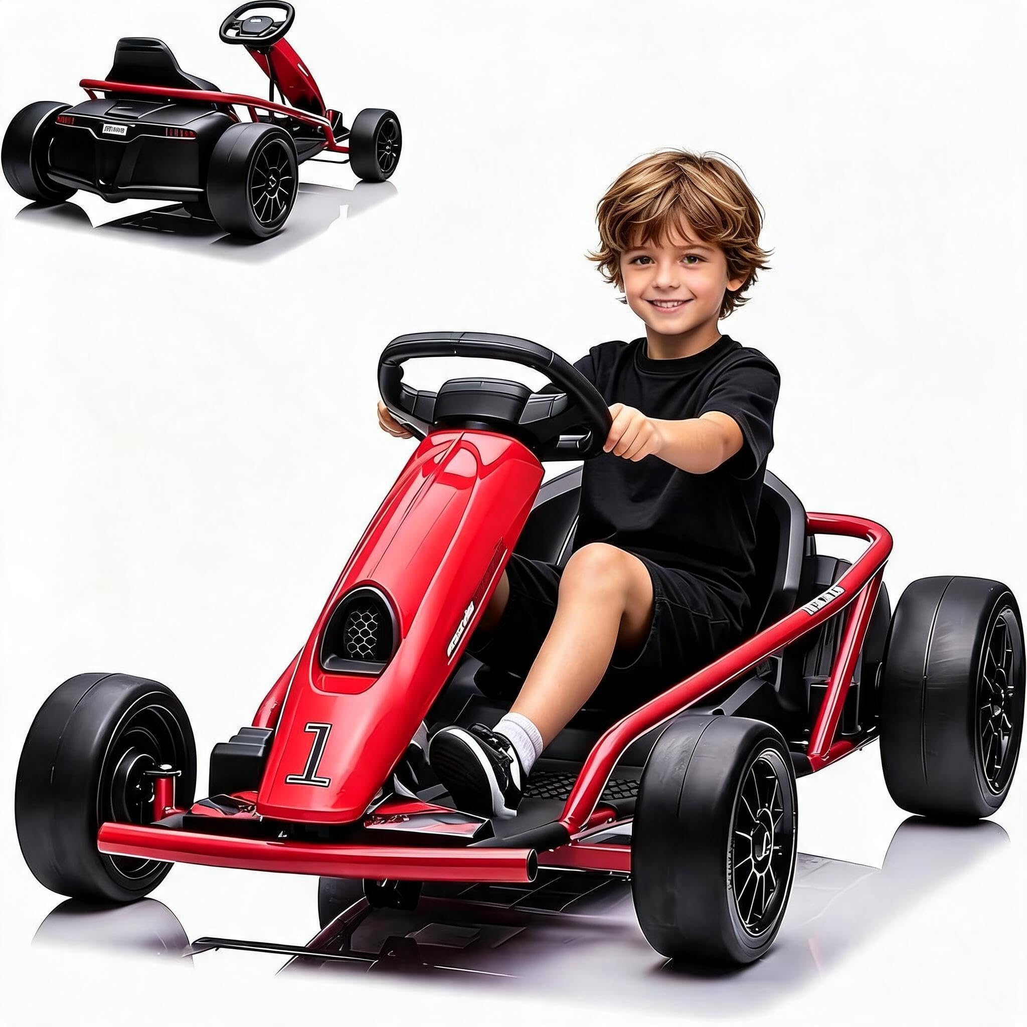 Elektrisches Go-Kart Rot 24V für Kinder, Drift Kart mit 2×12V 9Ah Akku, Verstellbarem Sitz, Vor- und Rückwärtsgang, Elektro Kinderauto ab 4 Jahren