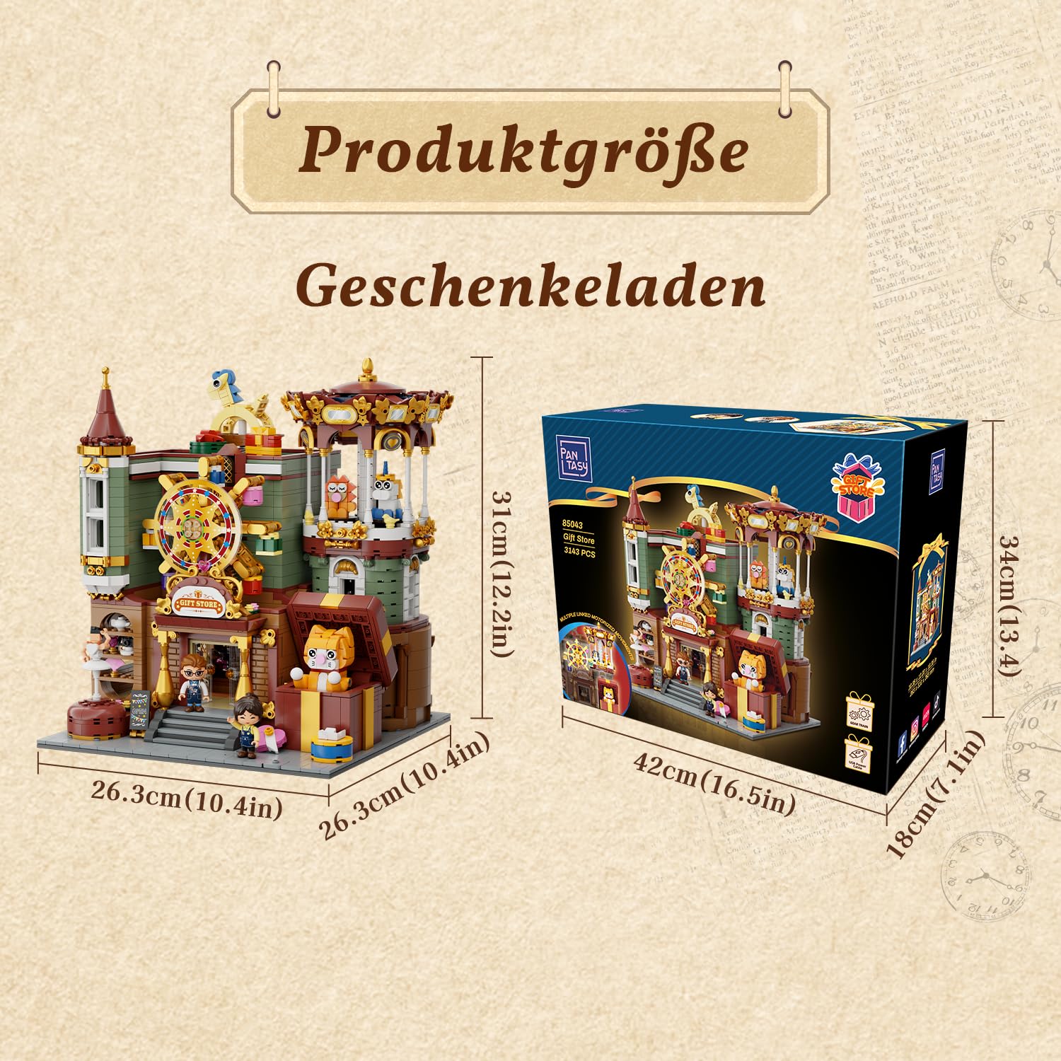 PANTASY Geschenkeladen, modulares Klemmbausteine Set | Motorisiertes Märchenhaus mit Karussell, Riesenrad, aufklappbarer Rückwand und detailreichem europäischem Interieur