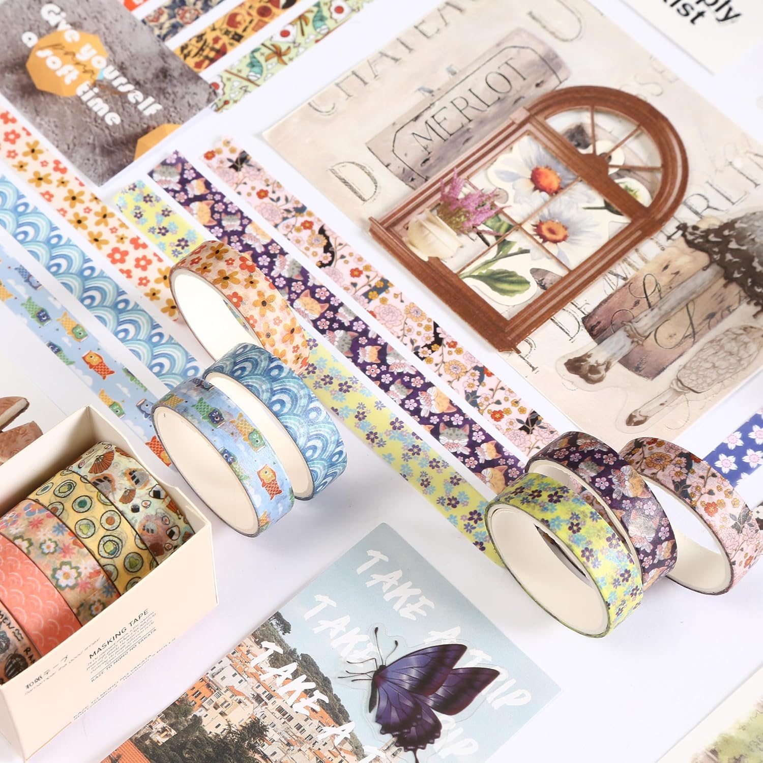 Zestaw 60 rolek taśmy Washi, sztuka retro, dekoracyjna taśma maskująca, podstawowe wzory, kolorowa taśma klejąca do majsterkowania, pamiętnika, planera, scrapbookingu, opakowania (kimono