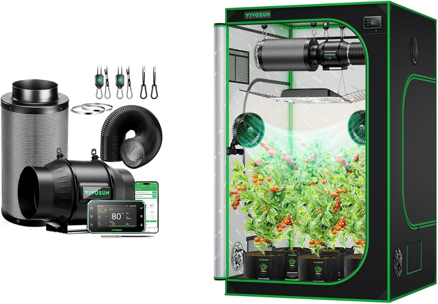 VIVOSUN Smart Air Filtration PRO T6 Kit 6" and S448 4x4 Grow Tent, 48"x48"x80" High Reflective Mylar Grow Tents with Observation Window and Floor Tray for Hydroponics Indoor Plant Tents