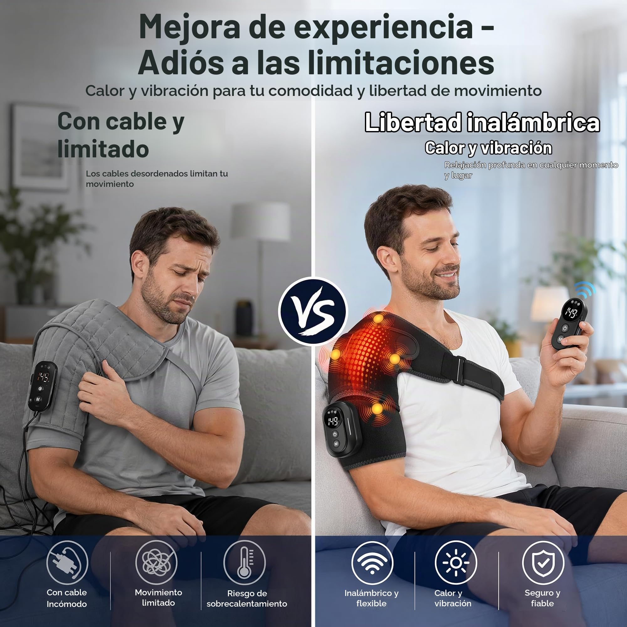 Masajeador de hombro 3 en 1 con mando a distancia, almohadilla térmica de hombro con 5 niveles de calor y 5 modos de vibración, batería de 5000 mAh, vendaje de hombro recargable con temporizador para