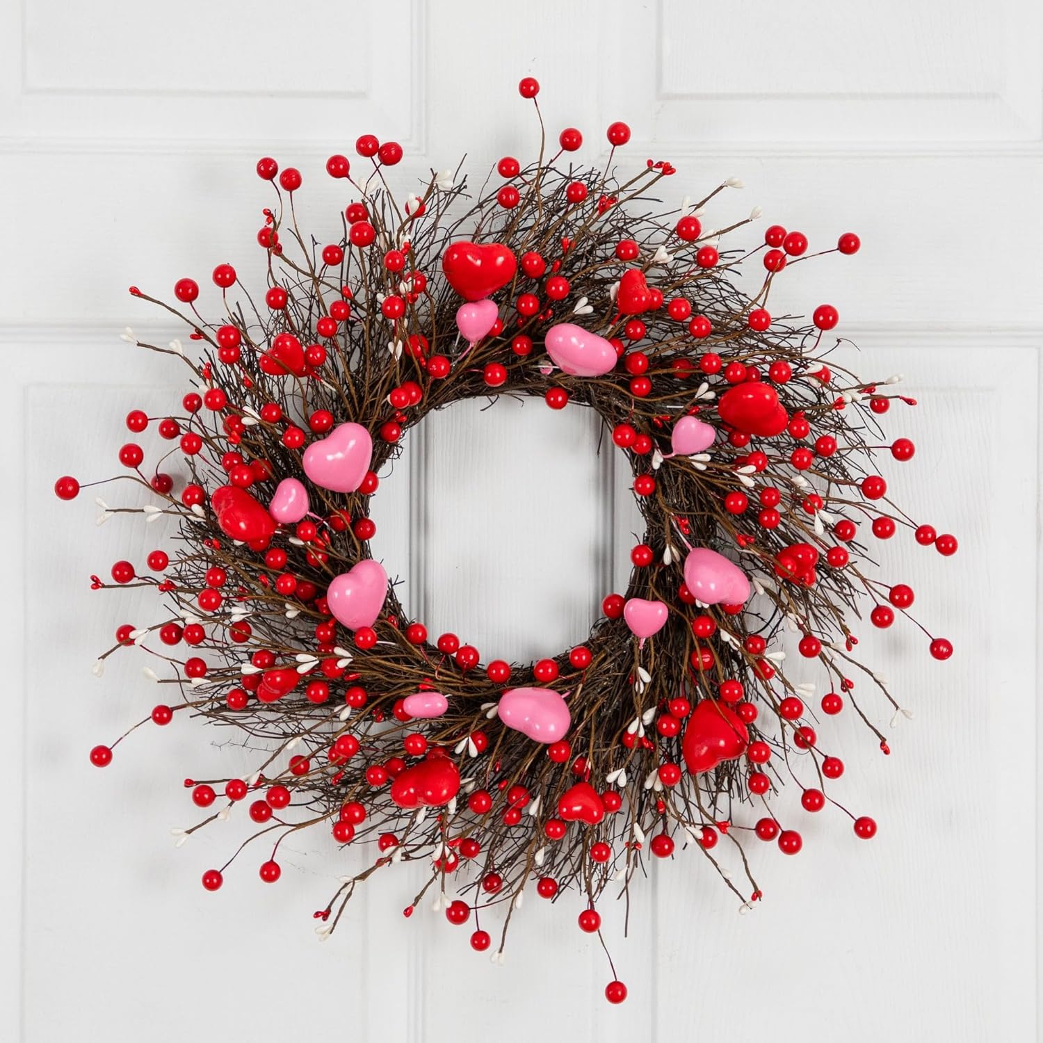 Nearly Natural 18in Artificial Valentine's Day Heart & Berry Twig Wreath