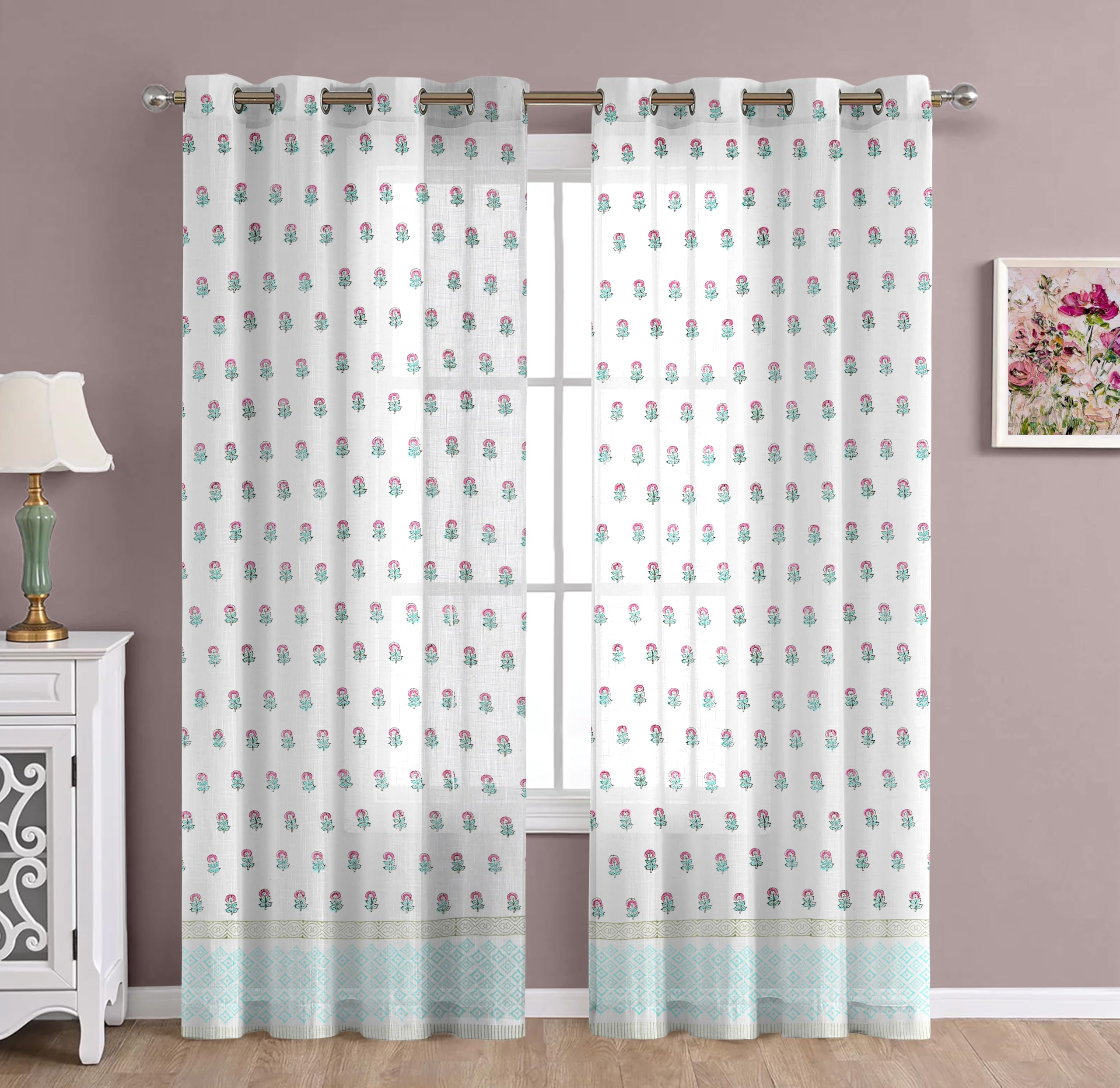 THE LINEN COMPANY Cotton Sheer Printed Curtain for Door Bedroom and Living Roonm Home décor Set of 2 (09 Feet,Mini Bloom)