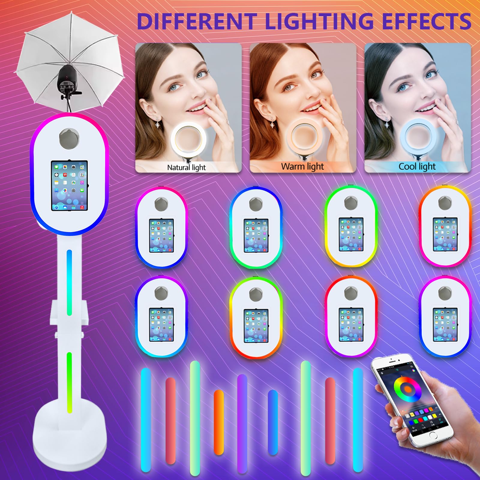 Portable Photo Booth with Flashlight Compatible with ipad,Remote or APP Control,Music Sync,Supports Connection of Camera and Printer (White, Machine+Camera)