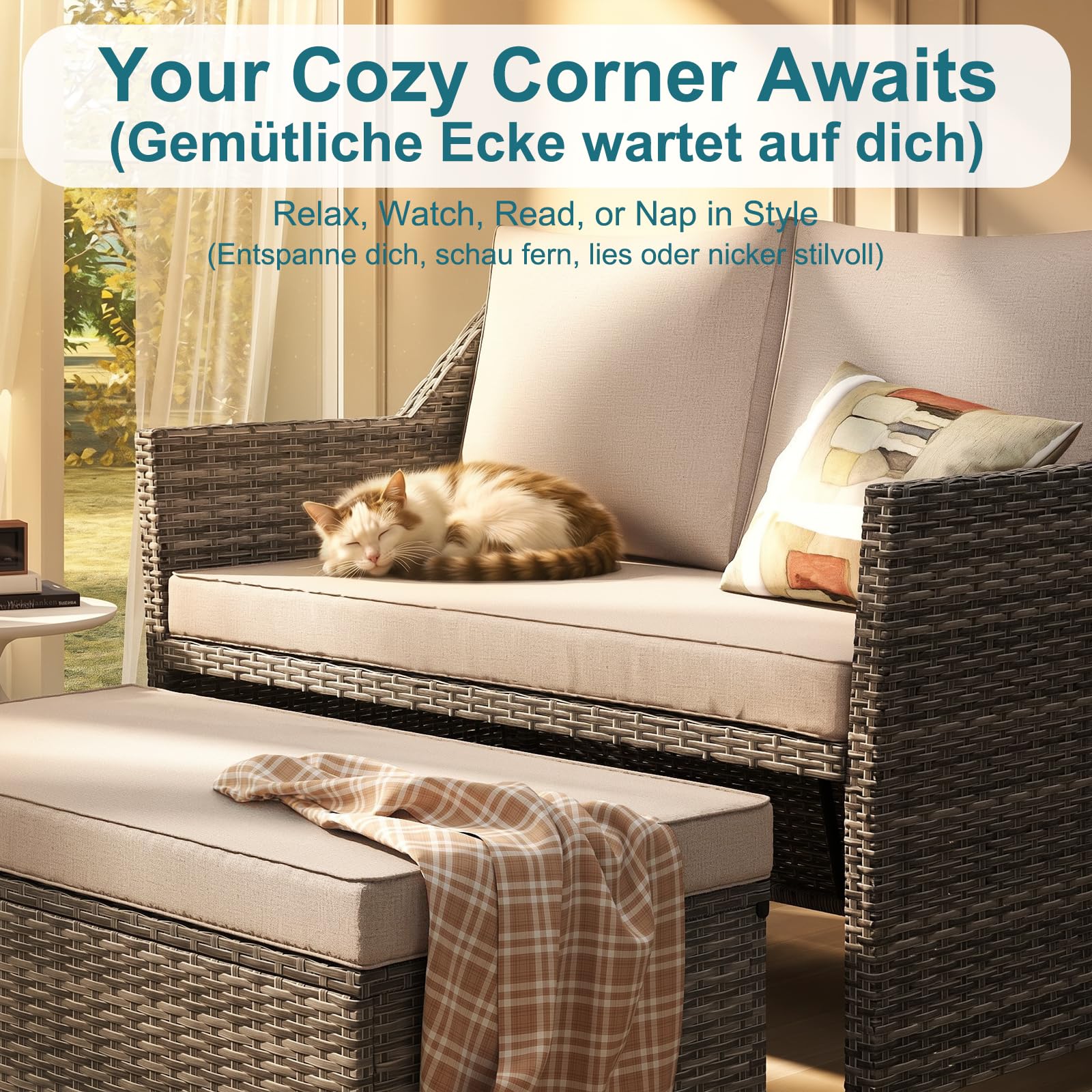 OC Orange-Casual 2-TLG Outdoor Rattan Gartenmöbel, Terrasse Loveseat mit Couchtisch, mit integriertem Staufach, grauem Rattan und beigen Kissen