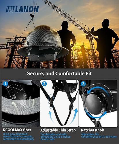 Vista 13 de LANON - Casco duro de ala completa, aprobado por OSHA para trabajos de construcción, diseño en color gris carbón, casco de seguridad de FRP