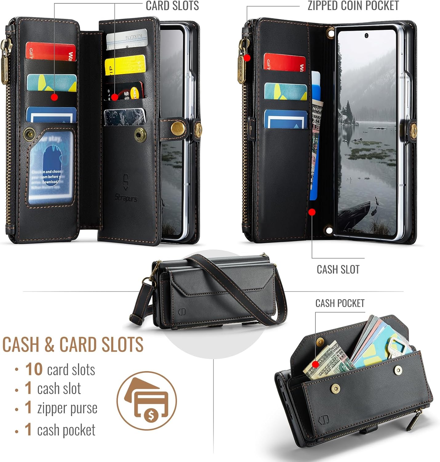 Strapurs Wallet Case Compatible with Samsung Galaxy Z Fold 7 with RFID Blocking Card Holder Slot Soft PU Leather Shoulder Strap Zipper Pocket Purse Galaxy Z Fold7 Phone Case, Black