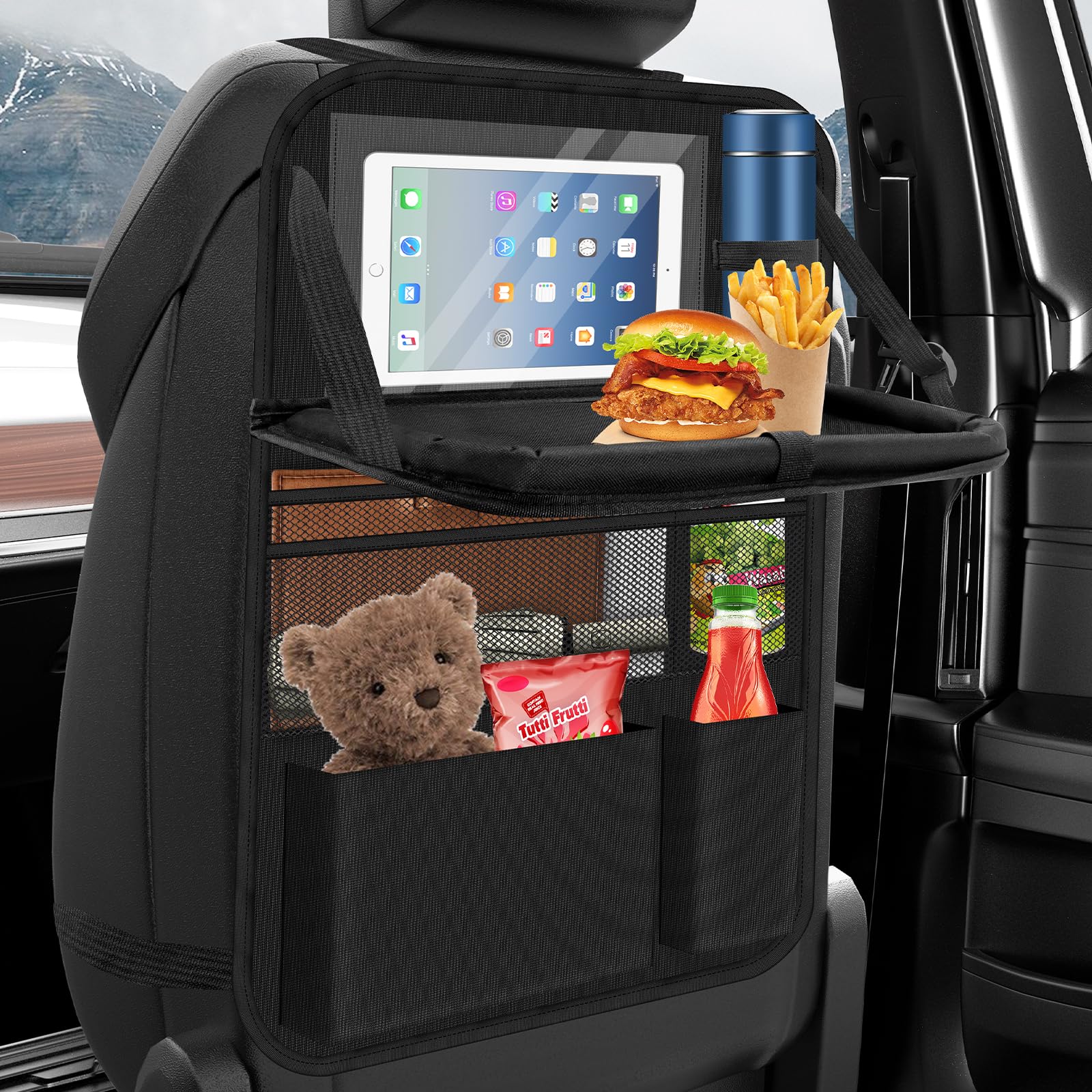 Retoo Auto-organizer voor de achterbank, duurzame grote achterbank-organizer voor kinderen met veel opbergruimte, rugleuningbescherming, stoelbescherming, autostoel, autostoelbeschermer, zwart