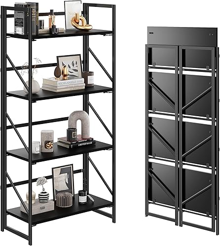 Miniatura 6 de JSB Estantería Plegable Sin Montaje, Estante de Libros de Metal Industrial de 5 Niveles para Almacenamiento, Librero Plegable de Madera Vintage para